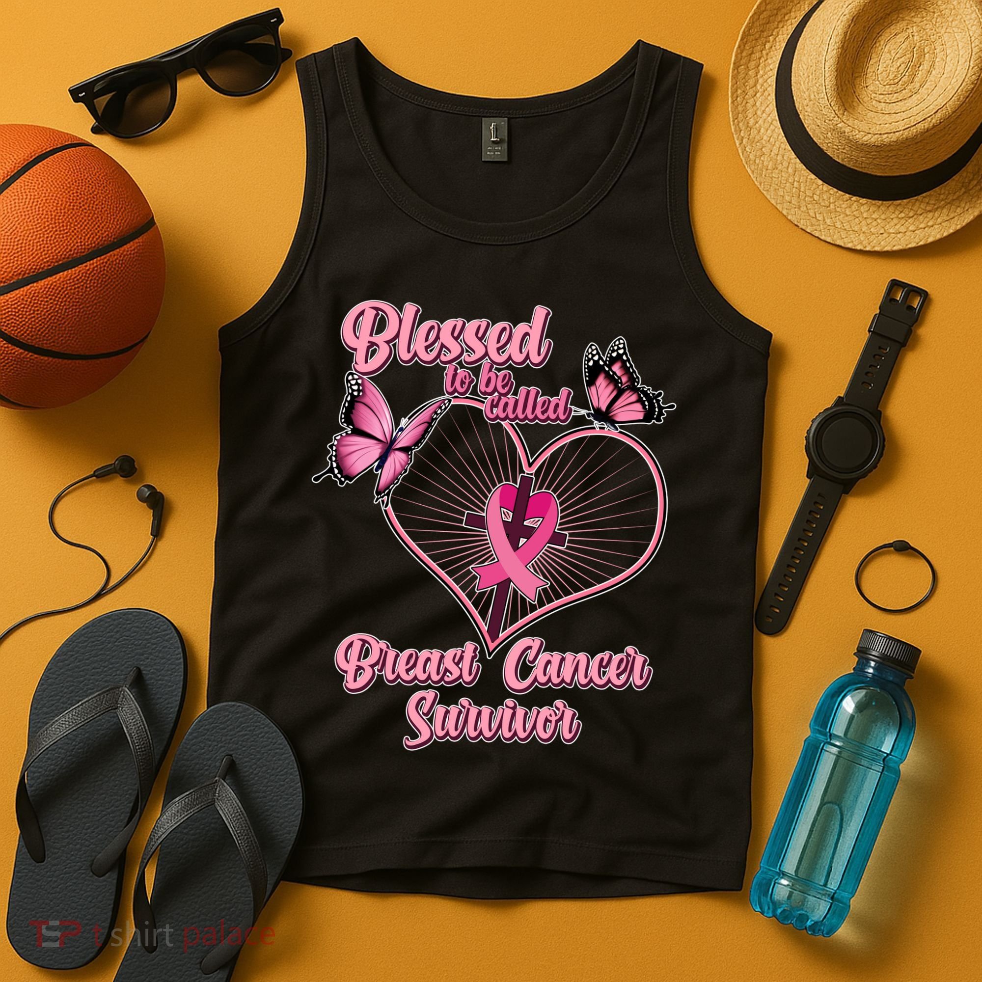 Blessed To Be Called Breast Cancer Survivor Butterflies Ribbon Cross Tank Top