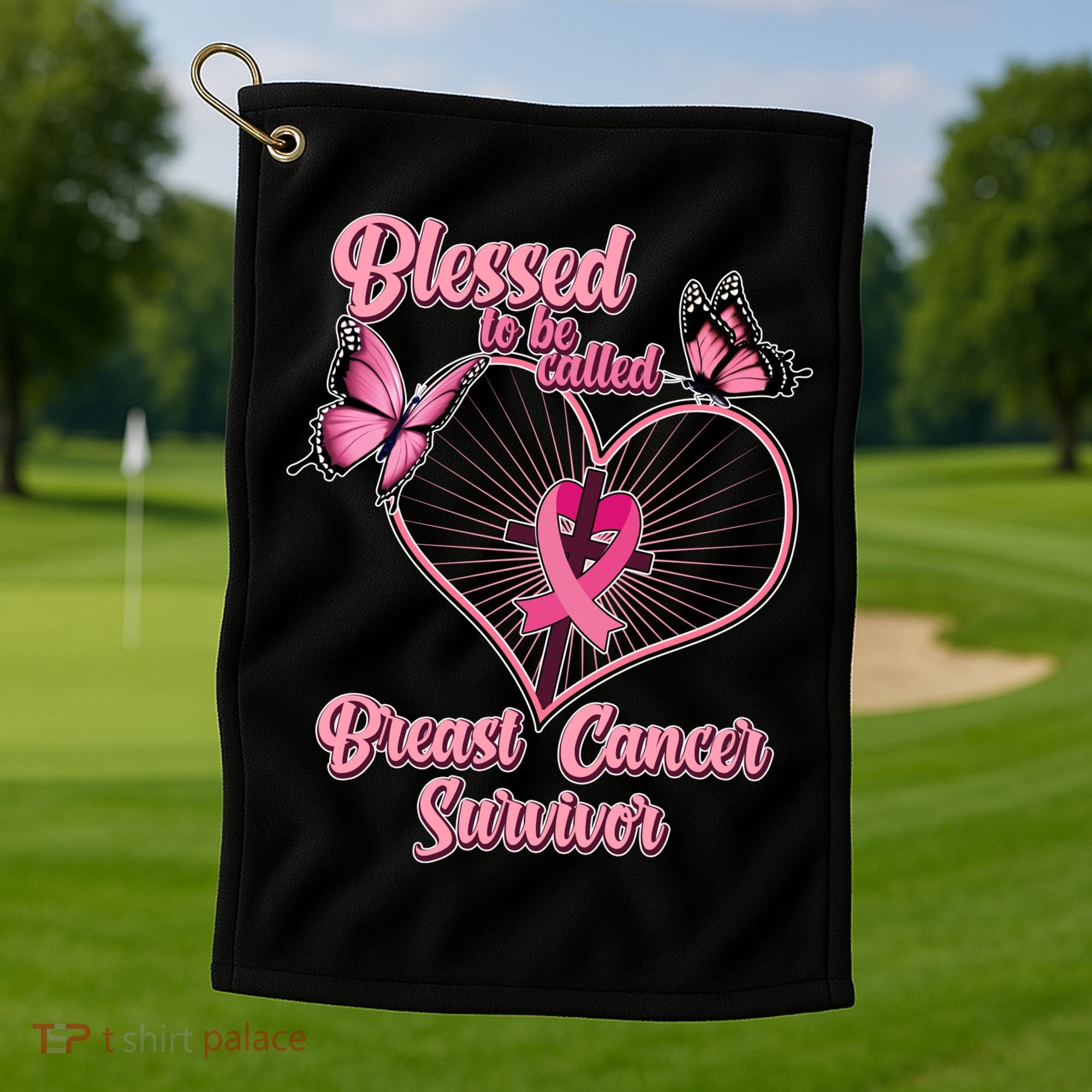 Blessed To Be Called Breast Cancer Survivor Butterflies Ribbon Cross Golf Towel