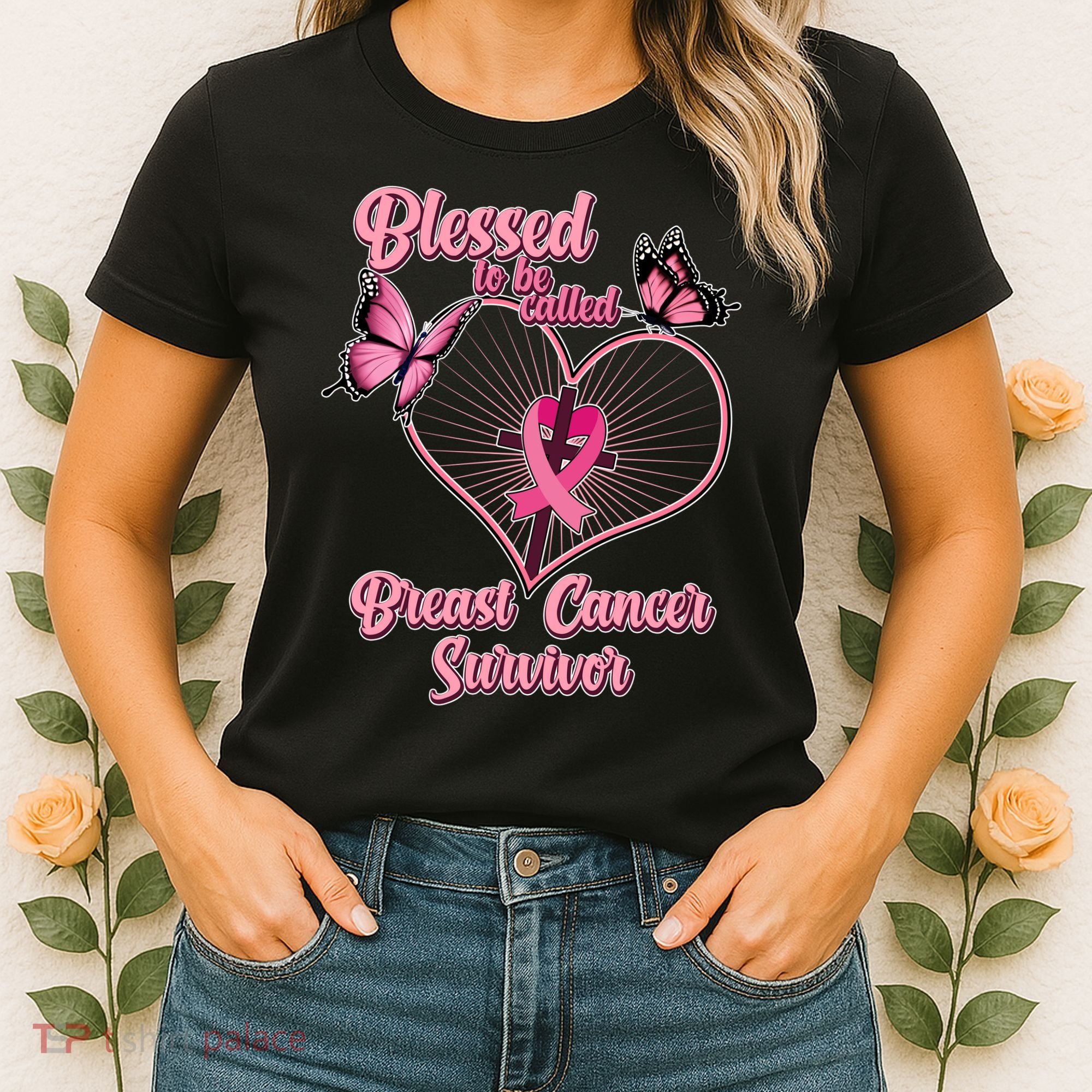 Blessed To Be Called Breast Cancer Survivor Butterflies Ribbon Cross Women's T-Shirt