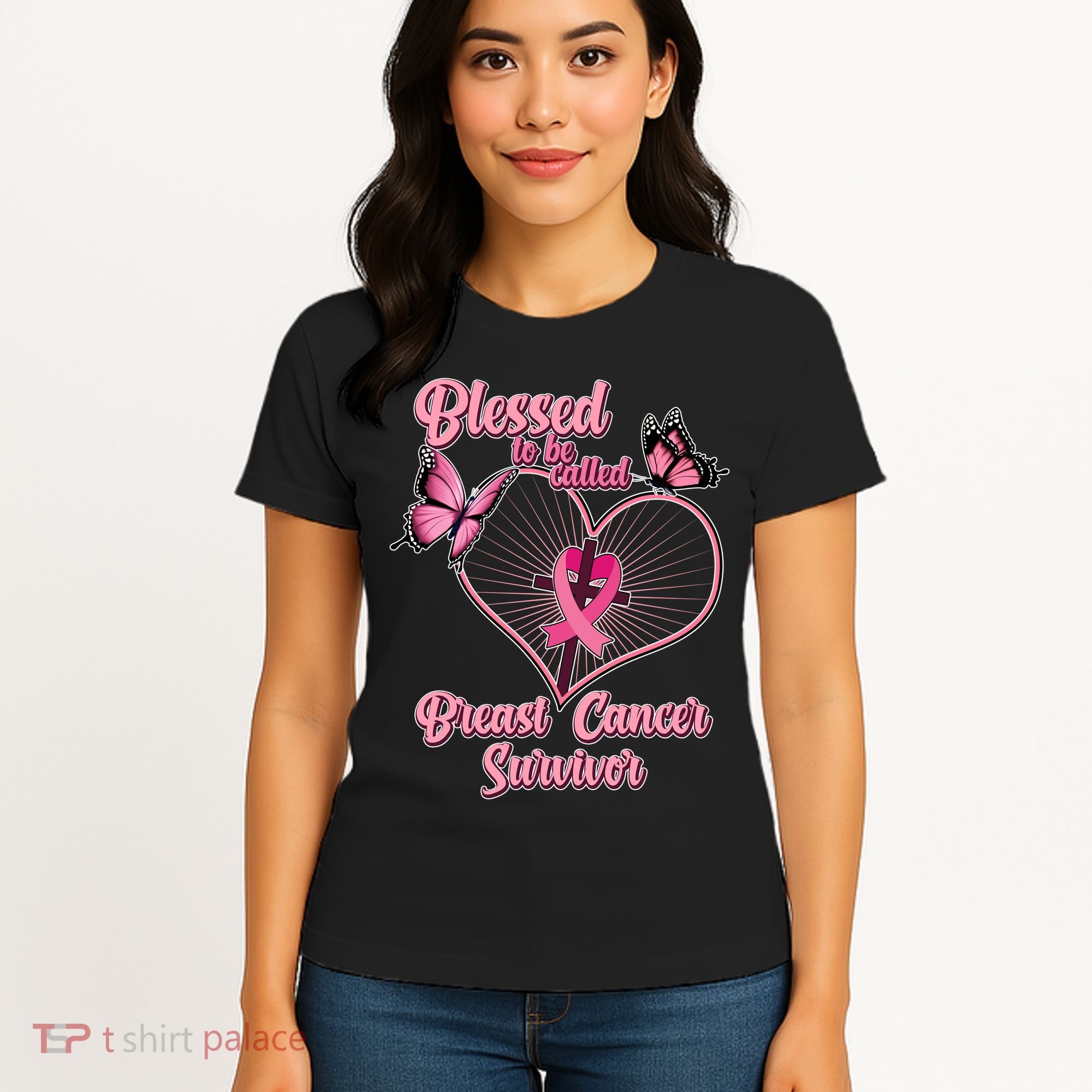 Blessed To Be Called Breast Cancer Survivor Butterflies Ribbon Cross Women's T-Shirt