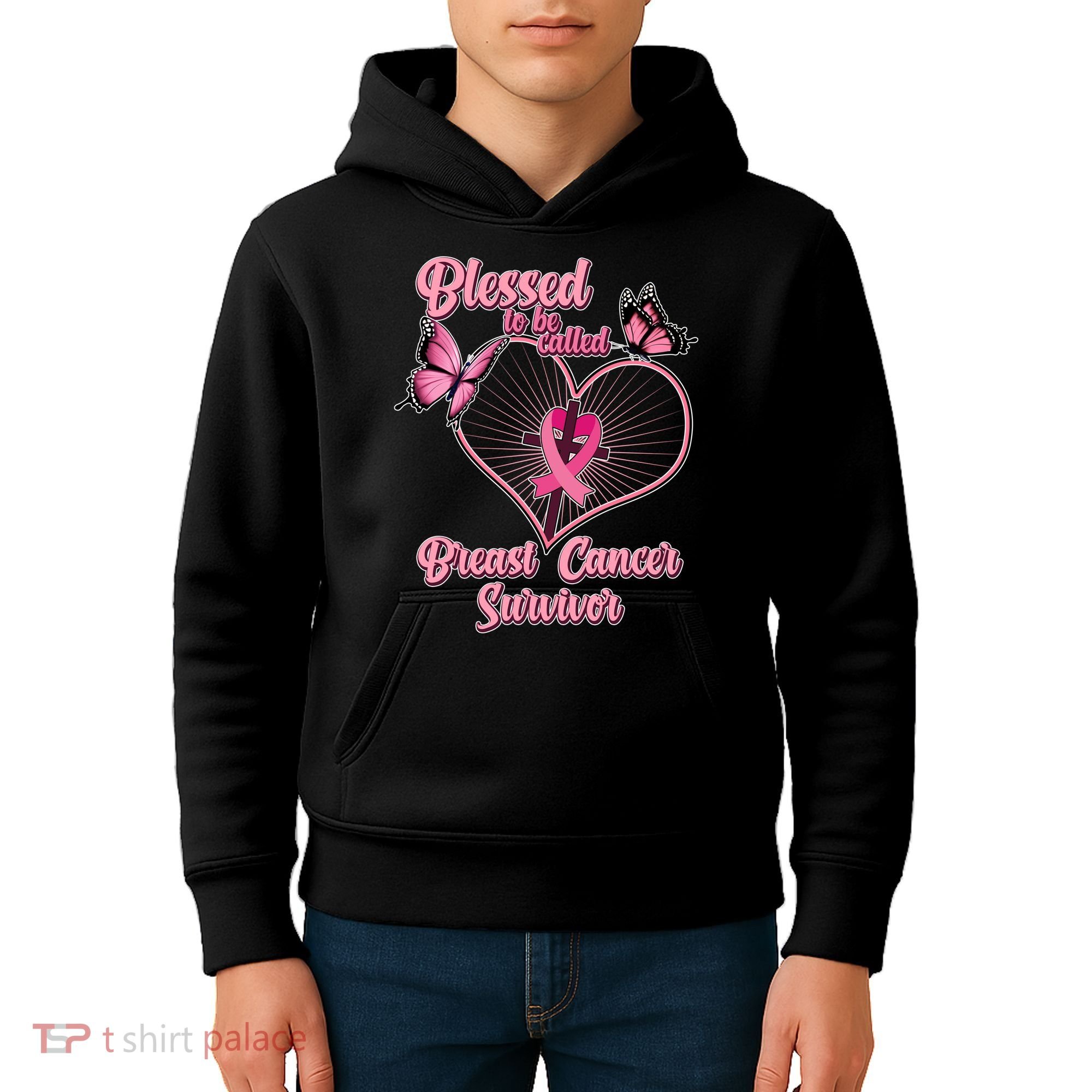 Blessed To Be Called Breast Cancer Survivor Butterflies Ribbon Cross Kids Hoodie