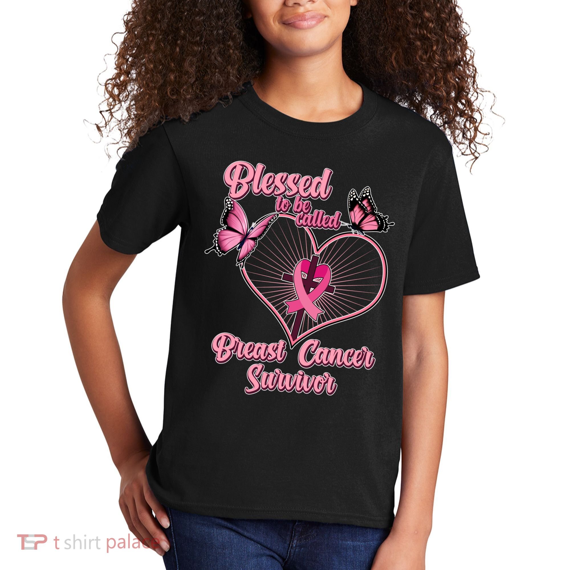 Blessed To Be Called Breast Cancer Survivor Butterflies Ribbon Cross Kids T-Shirt