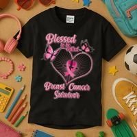 Blessed To Be Called Breast Cancer Survivor Butterflies Ribbon Cross Kids T-Shirt thumb 3
