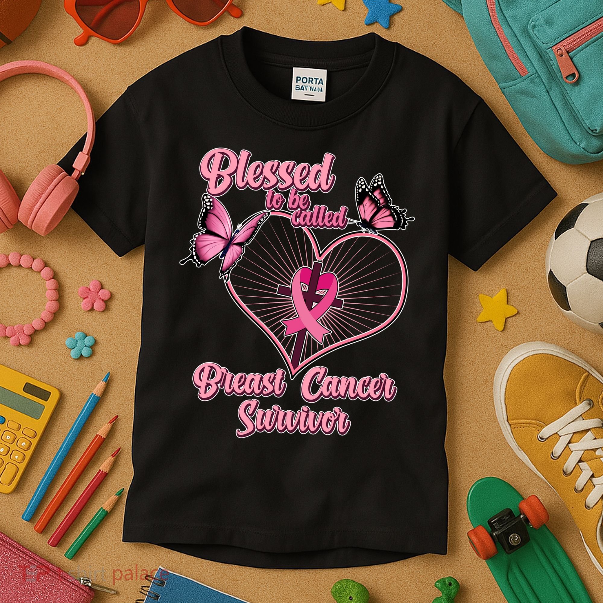 Blessed To Be Called Breast Cancer Survivor Butterflies Ribbon Cross Kids T-Shirt