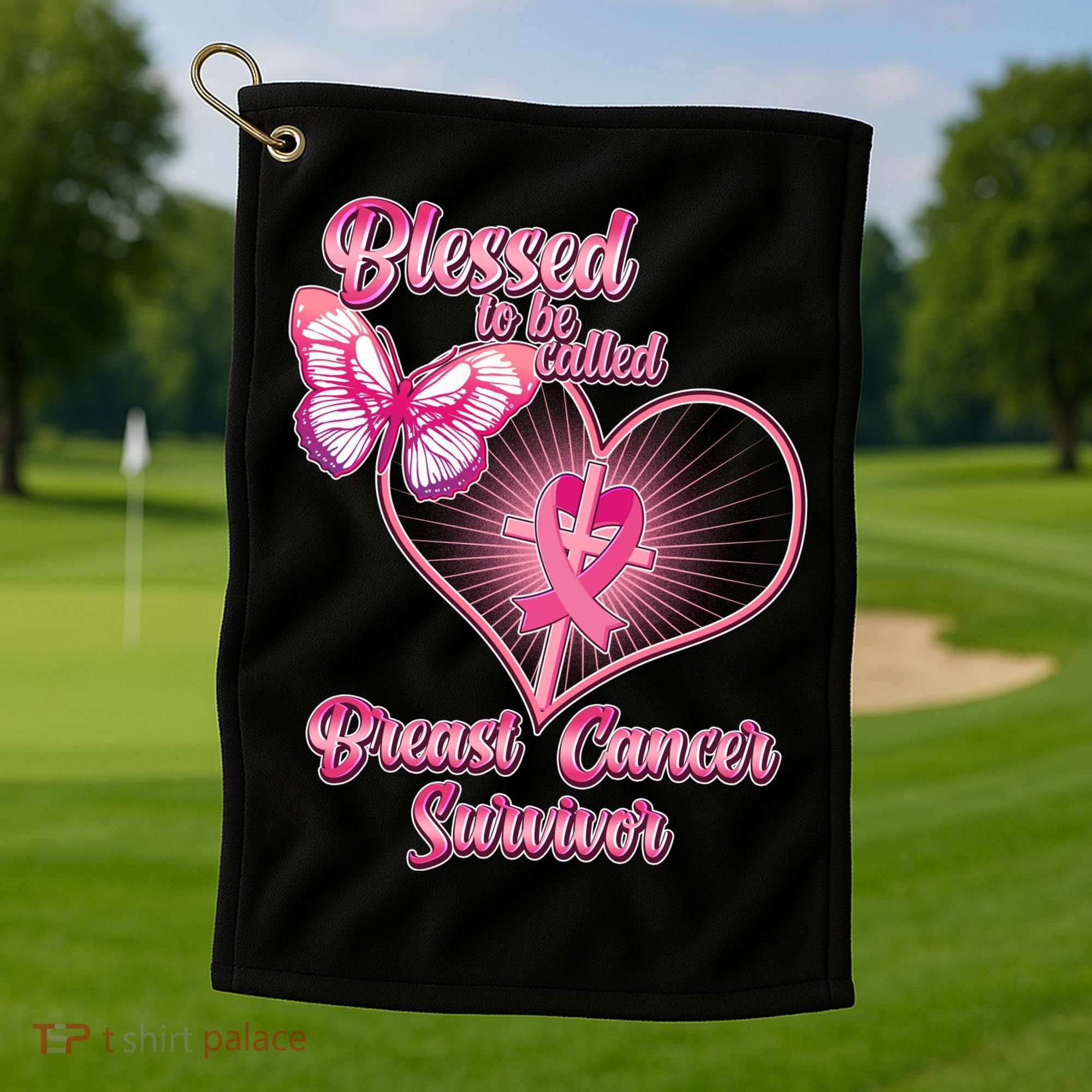 Blessed To Be Called Breast Cancer Survivor Pink Ribbon Cross Golf Towel