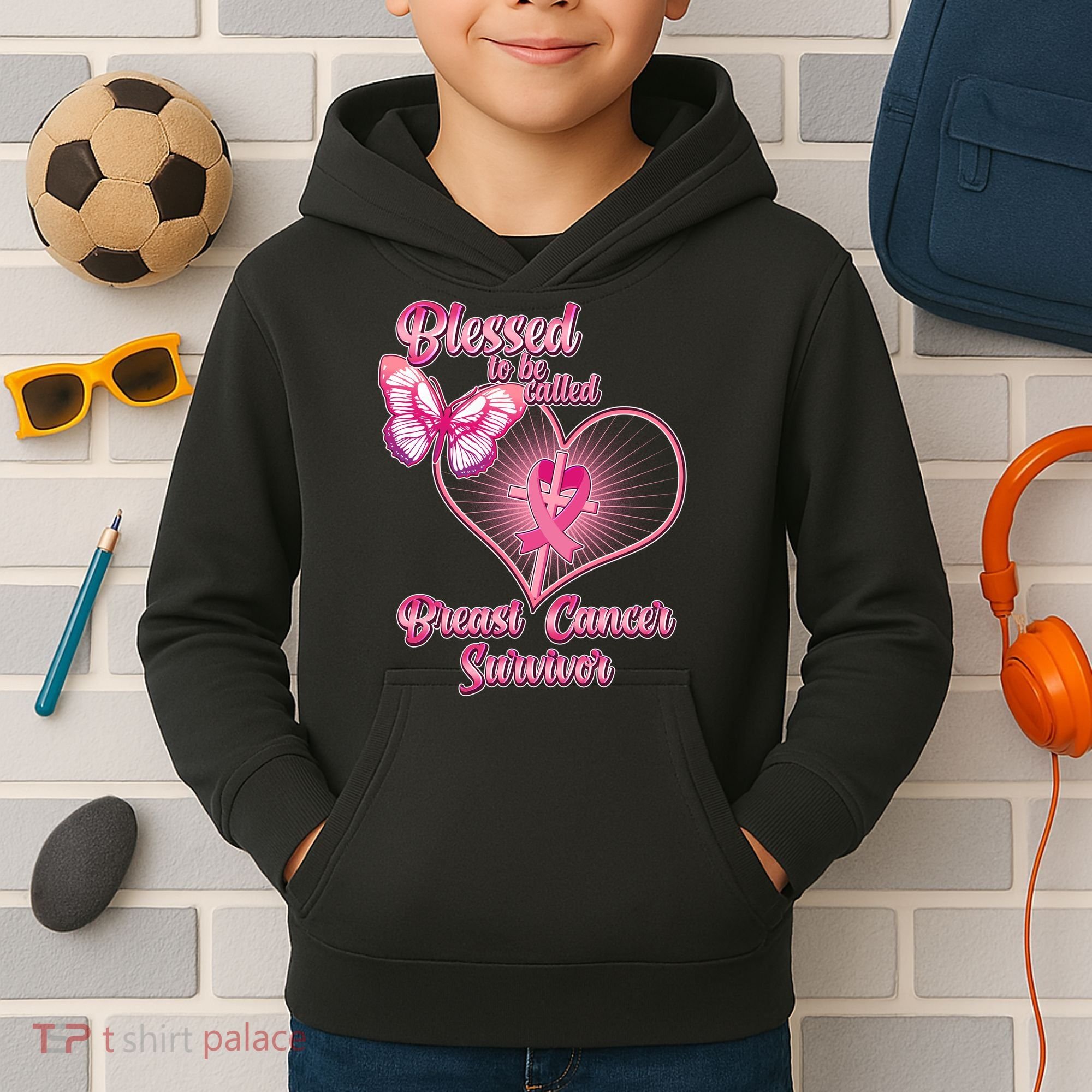 Blessed To Be Called Breast Cancer Survivor Pink Ribbon Cross Kids Hoodie