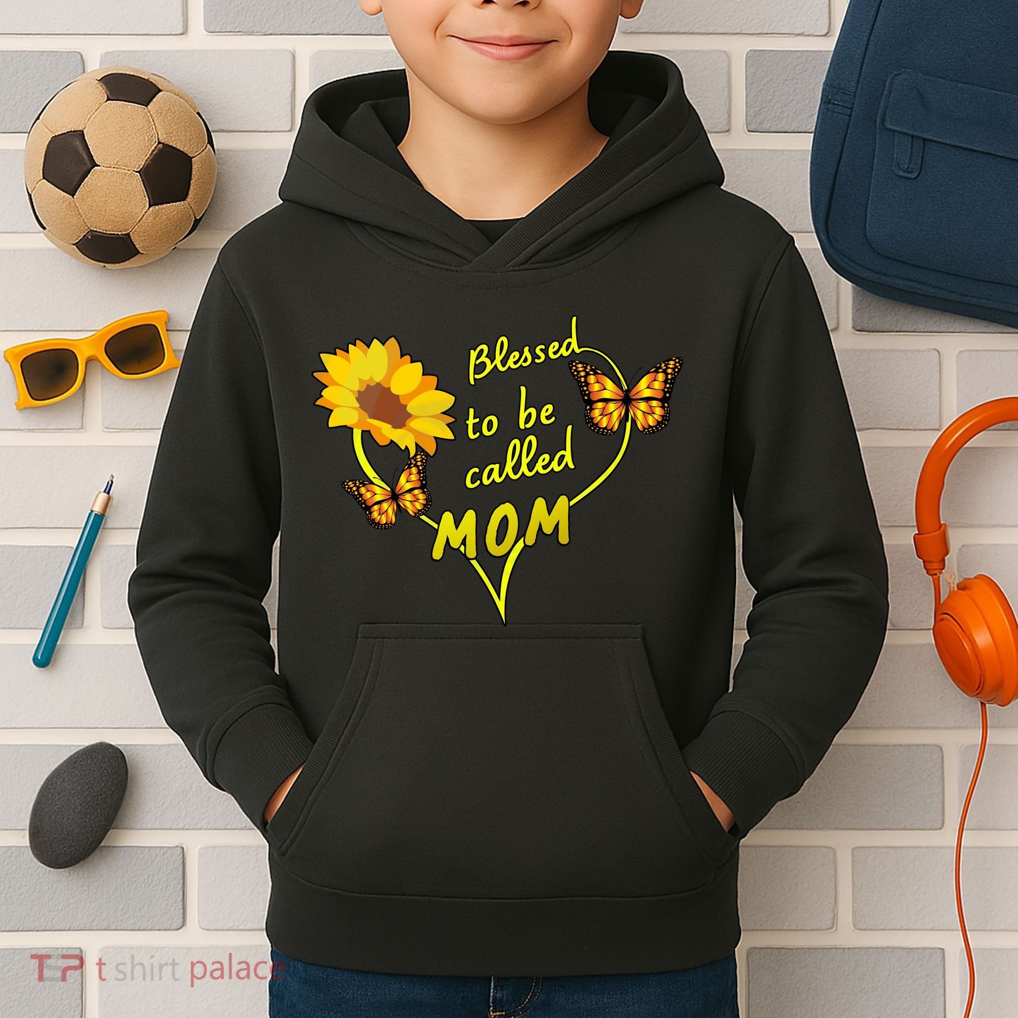 Blessed To Be Mom Butterfly Sun Floral  Kids Hoodie