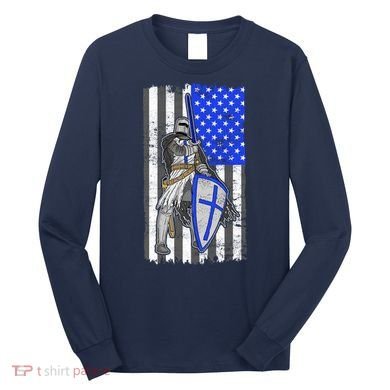 Blue Line Flag Templar Knight Warrior Long Sleeve Shirt