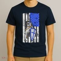 Blue Line Flag Templar Knight Warrior T-Shirt thumb 3