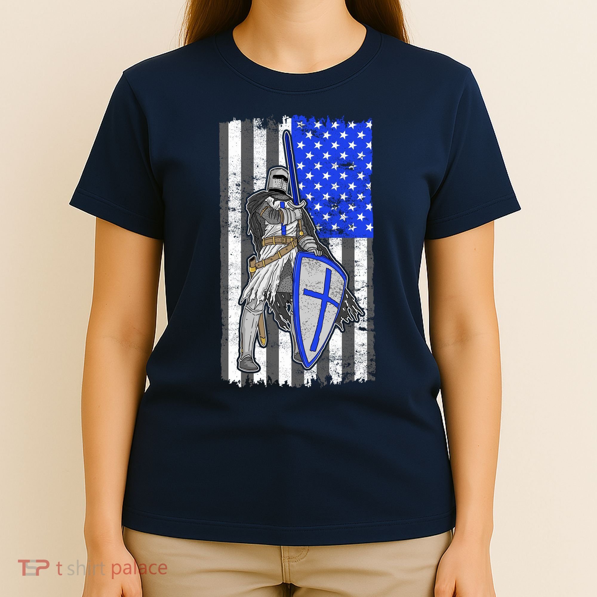Blue Line Flag Templar Knight Warrior T-Shirt