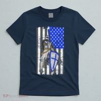 Blue Line Flag Templar Knight Warrior T-Shirt thumb 5