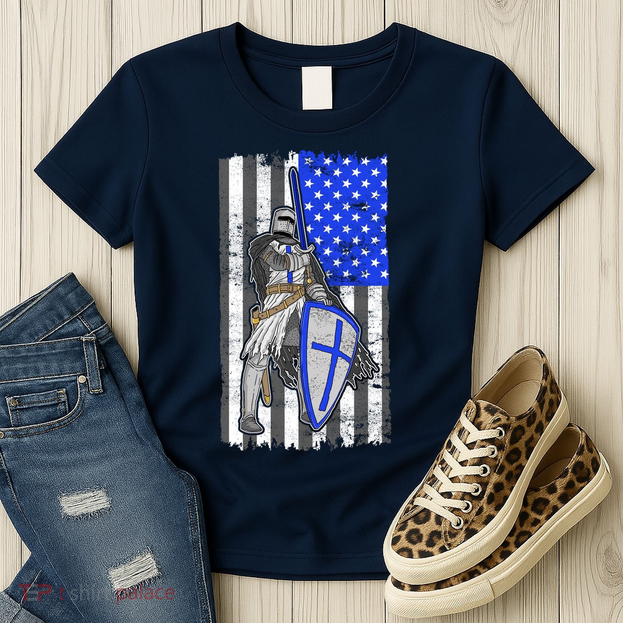 Blue Line Flag Templar Knight Warrior Women's T-Shirt