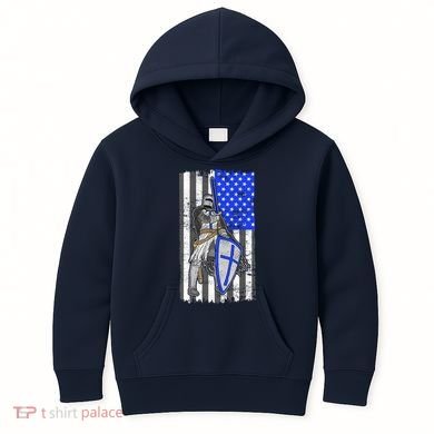 Blue Line Flag Templar Knight Warrior Kids Hoodie