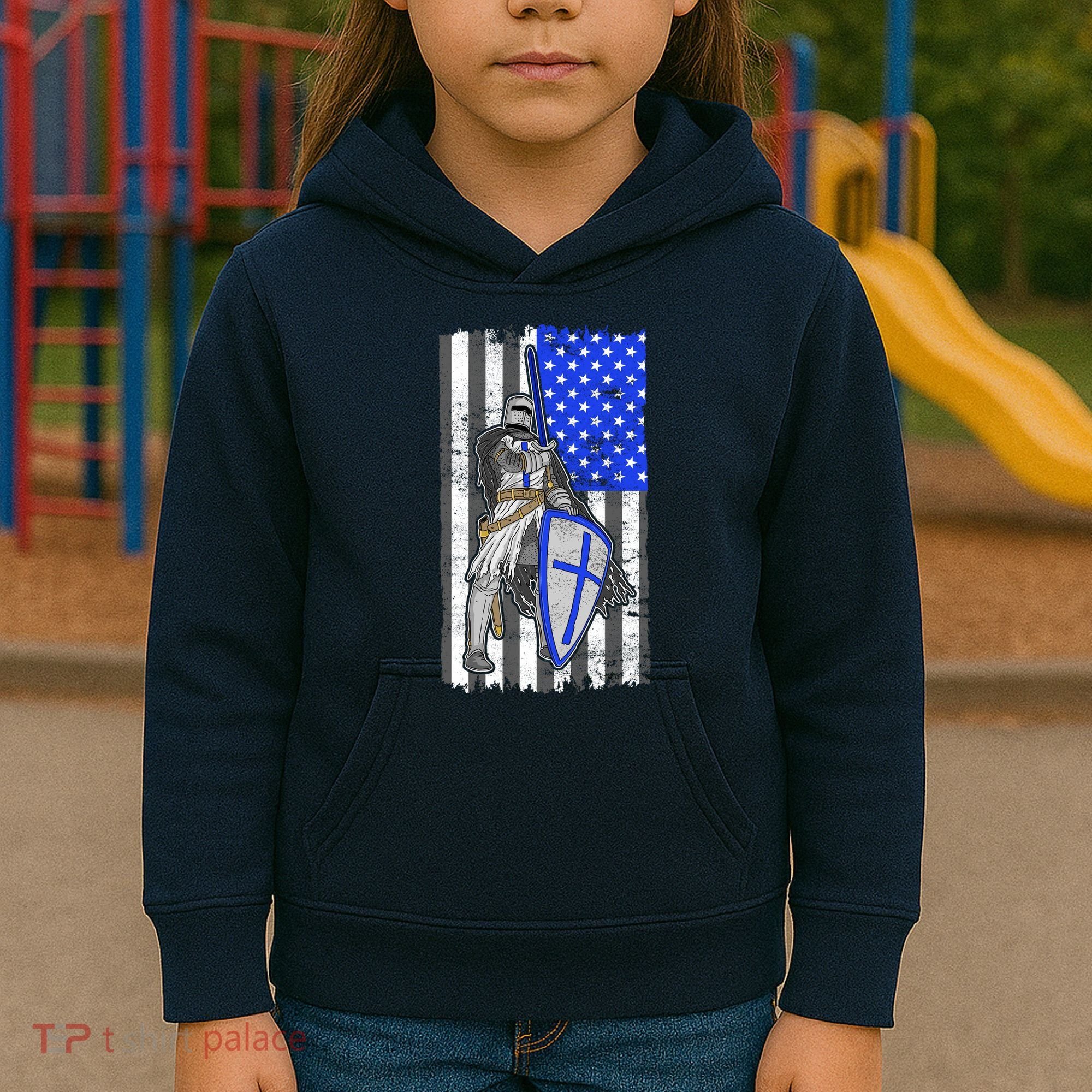 Blue Line Flag Templar Knight Warrior Kids Hoodie