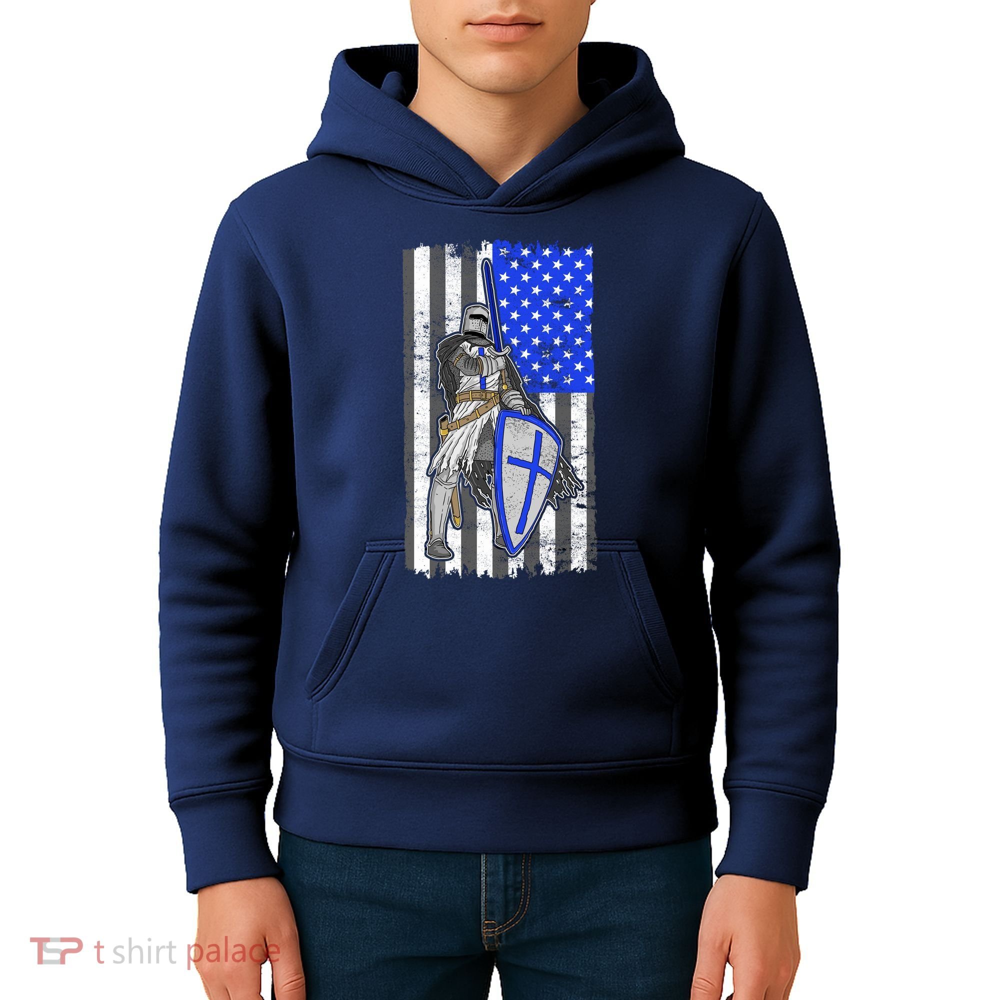 Blue Line Flag Templar Knight Warrior Kids Hoodie