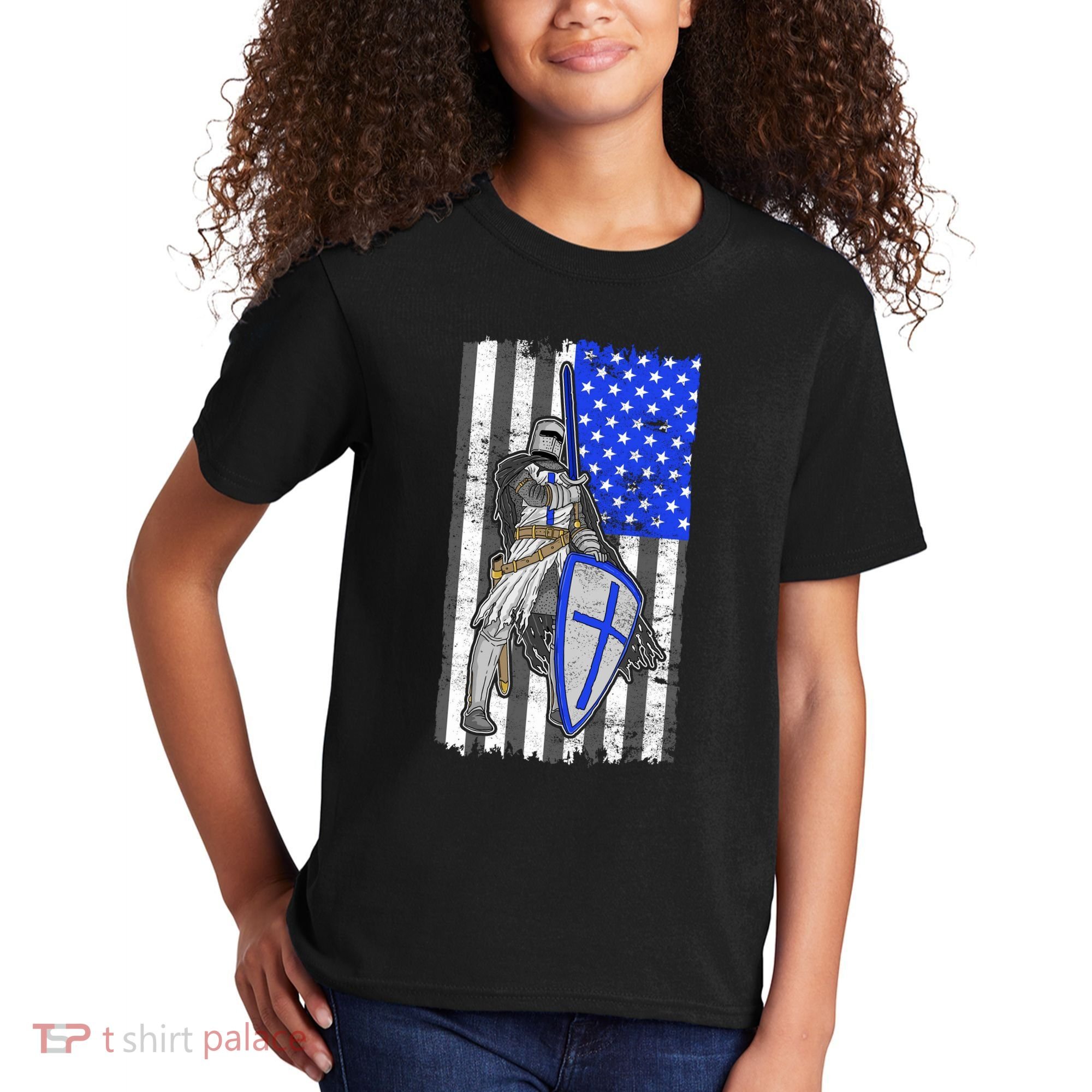 Blue Line Flag Templar Knight Warrior Kids T-Shirt