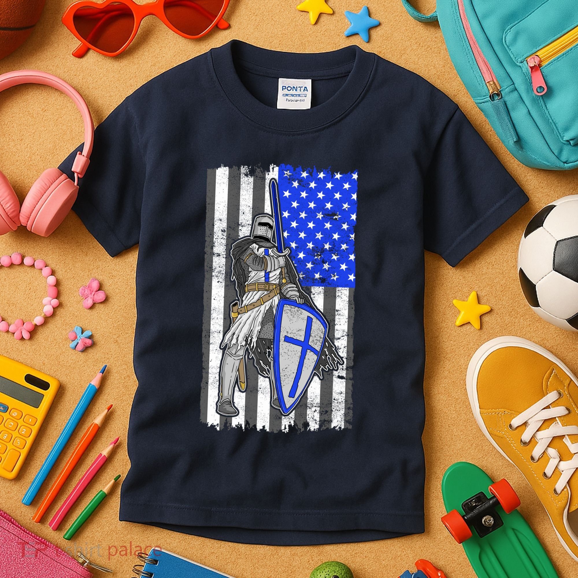 Blue Line Flag Templar Knight Warrior Kids T-Shirt