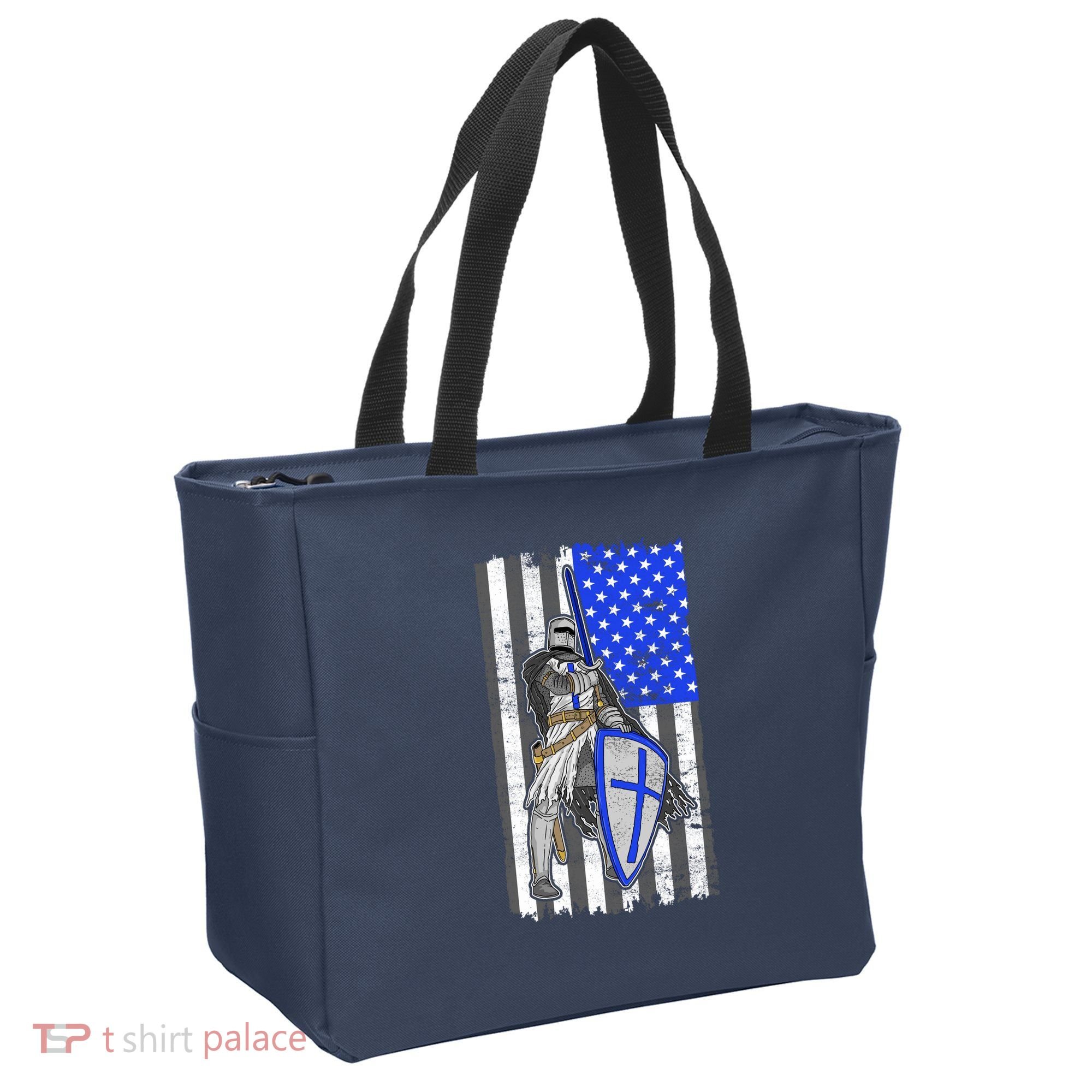 Blue Line Flag Templar Knight Warrior Tote Bag