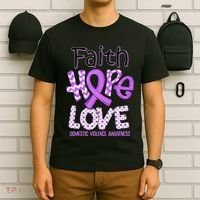 Believe Love Hope Purple Ribbon Domestic Violence Awareness T-Shirt thumb 6