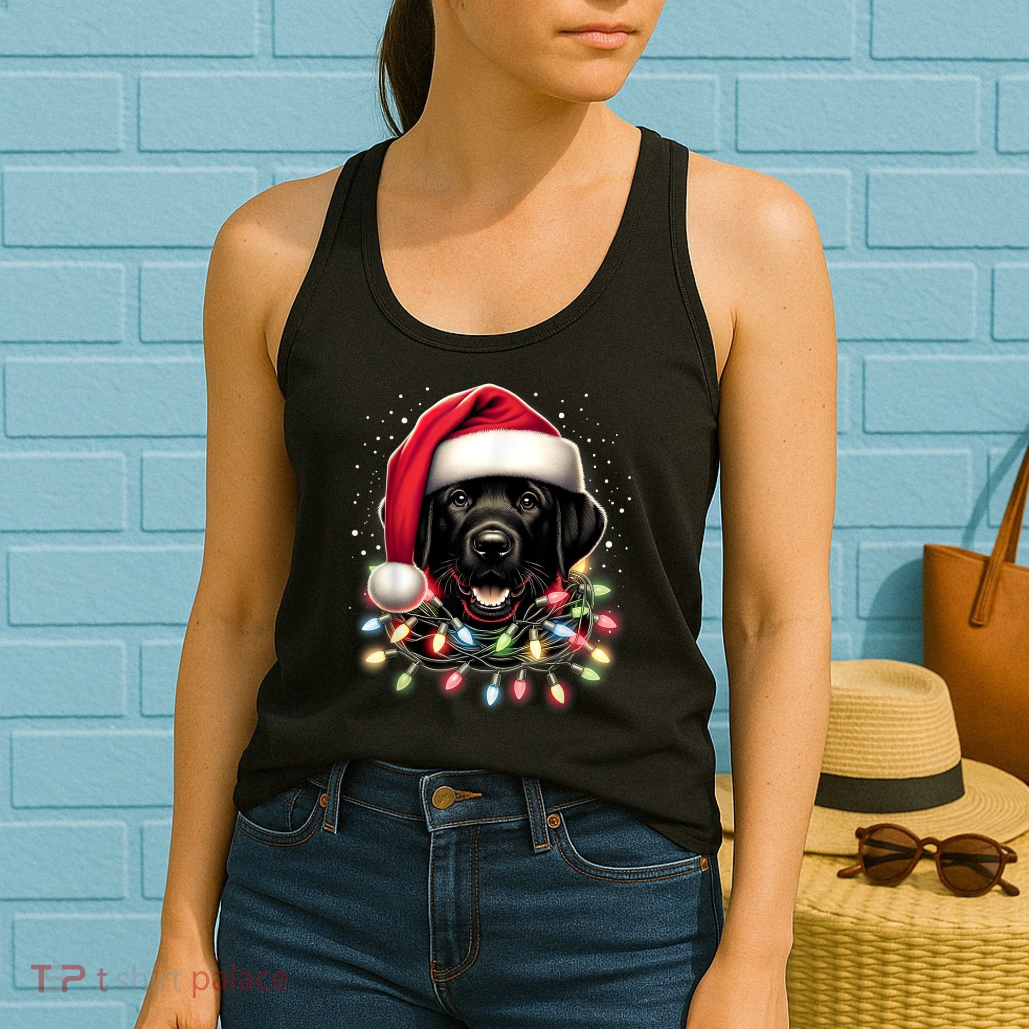 Black Lab Labrador Christmas Tree Light Pajama Dog Xmas Women's Tank Top