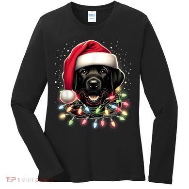 Black Lab Labrador Christmas Tree Light Pajama Dog Xmas Women's Long Sleeve Shirt