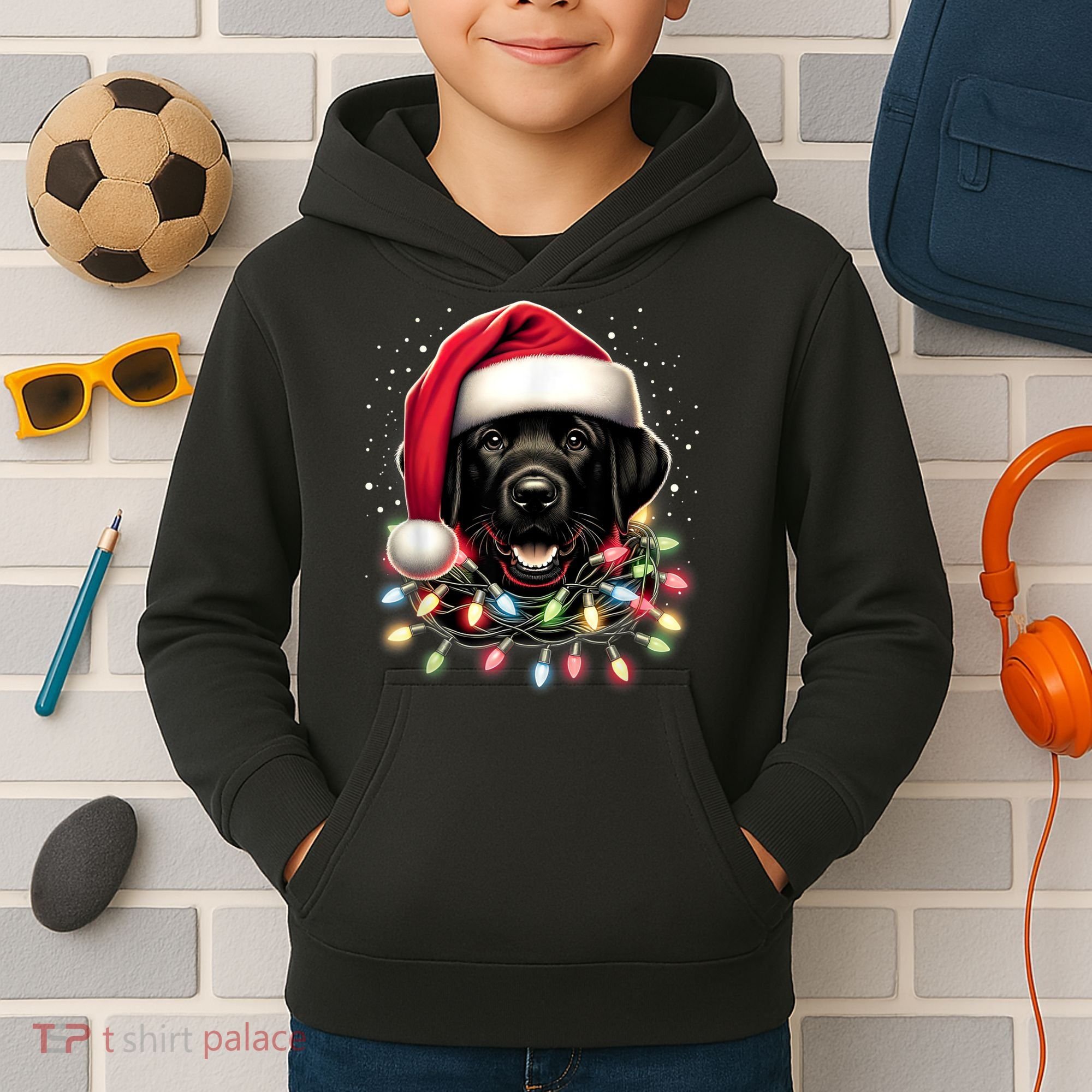 Black Lab Labrador Christmas Tree Light Pajama Dog Xmas Kids Hoodie