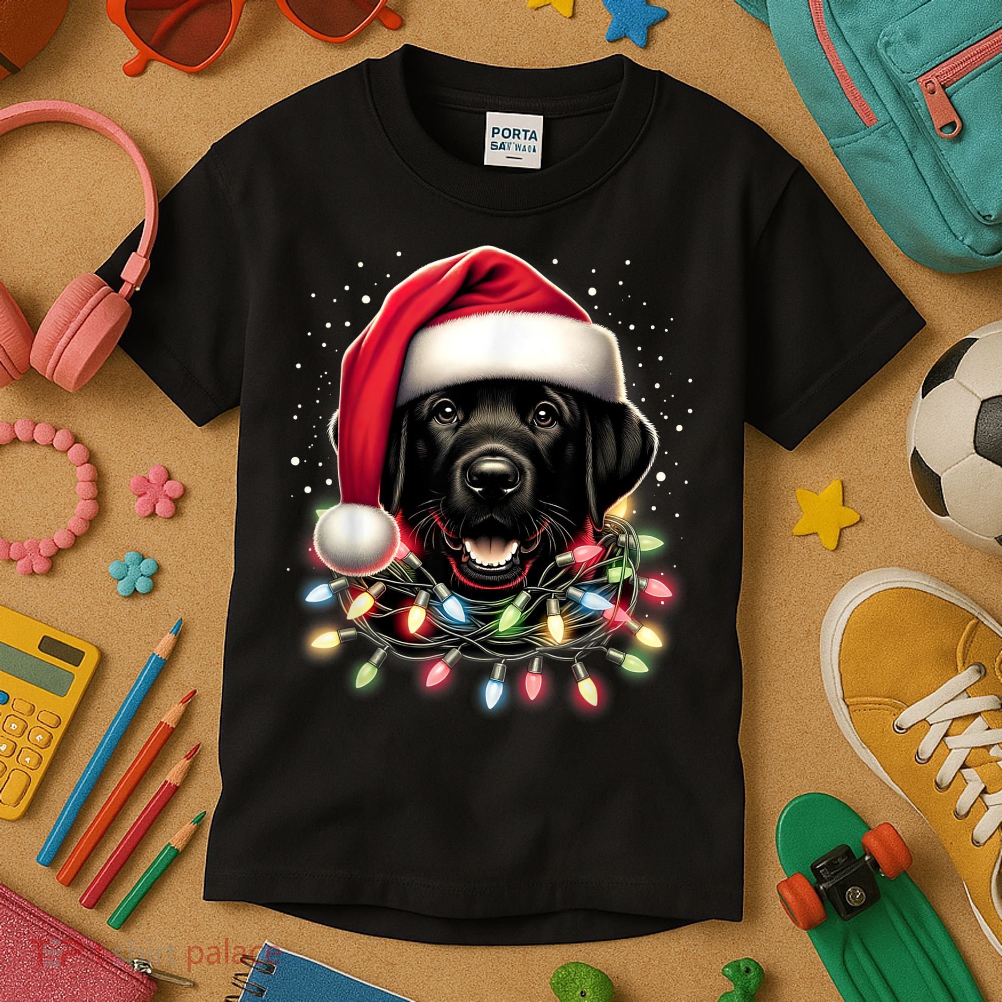 Black Lab Labrador Christmas Tree Light Pajama Dog Xmas Kids T-Shirt