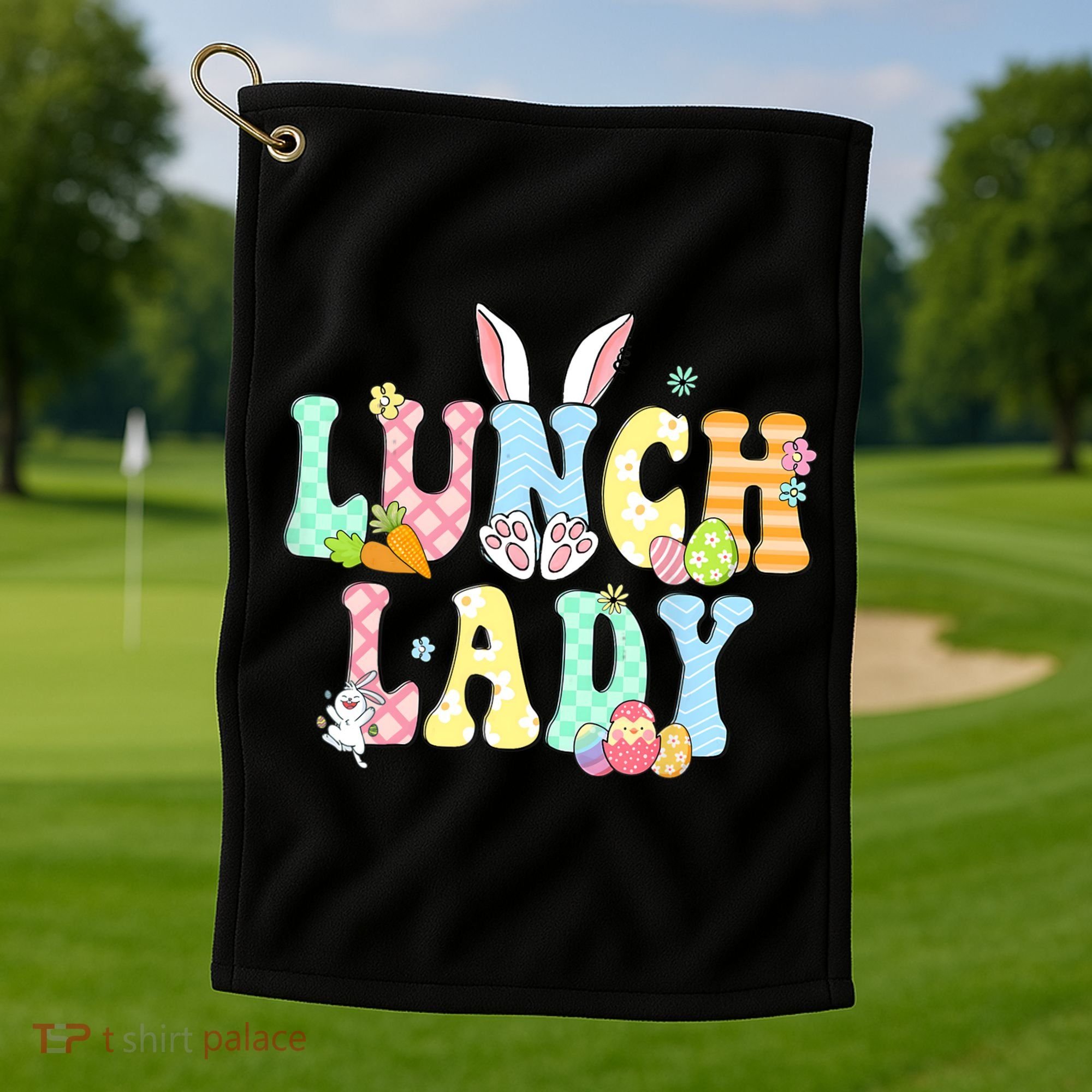 Bunny Lunch Lady Funny Egg Easter Day Floral Golf Towel