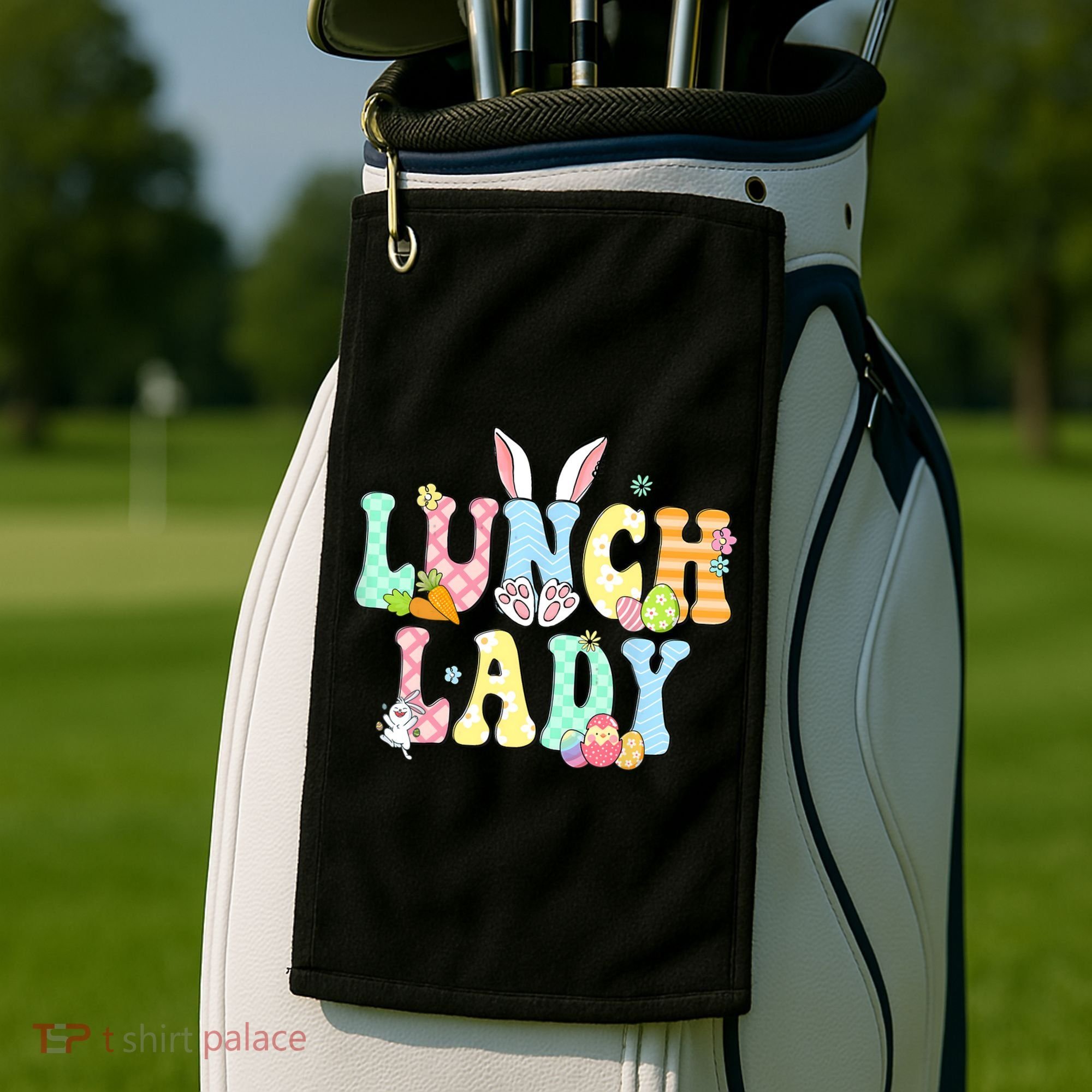 Bunny Lunch Lady Funny Egg Easter Day Floral Golf Towel