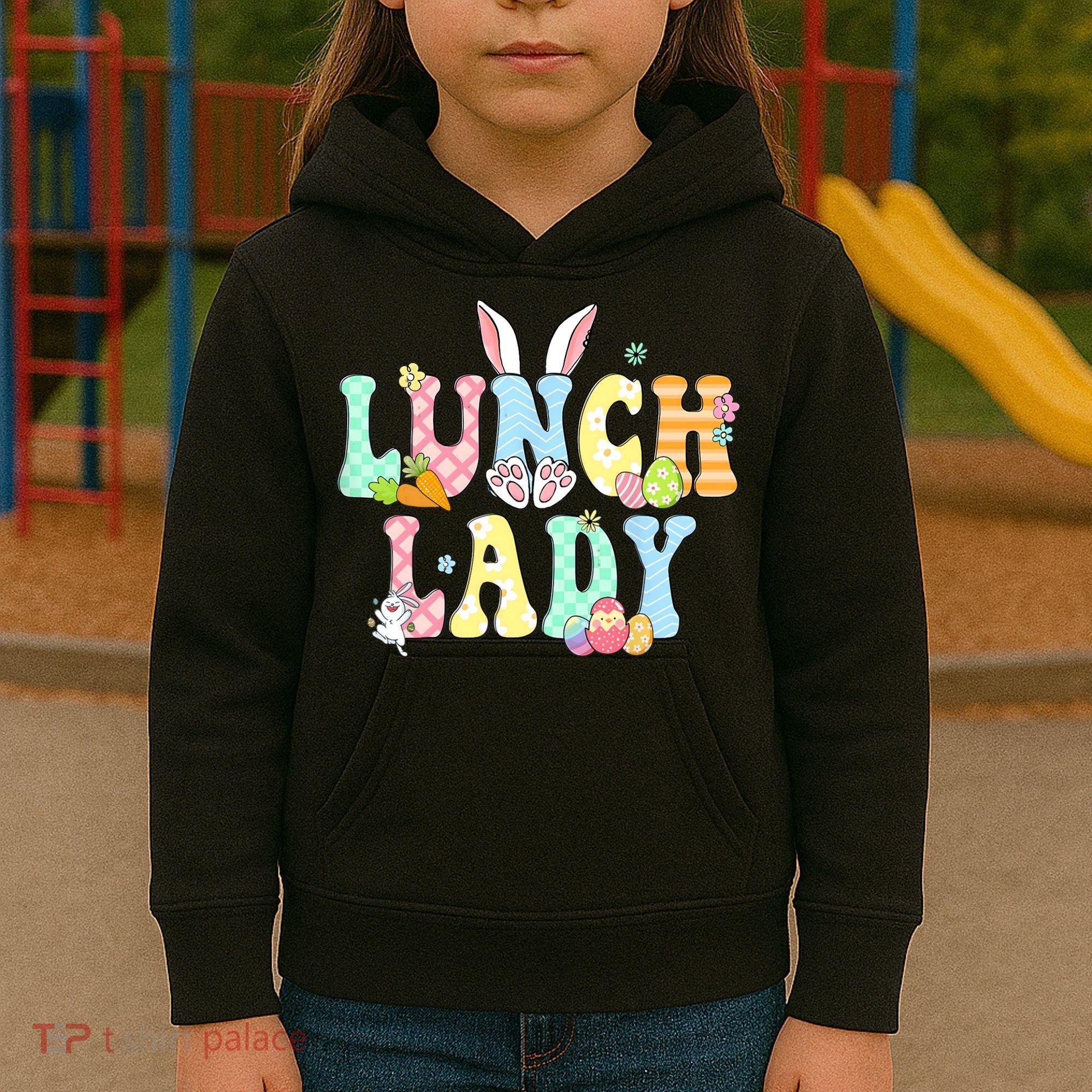 Bunny Lunch Lady Funny Egg Easter Day Floral Kids Hoodie