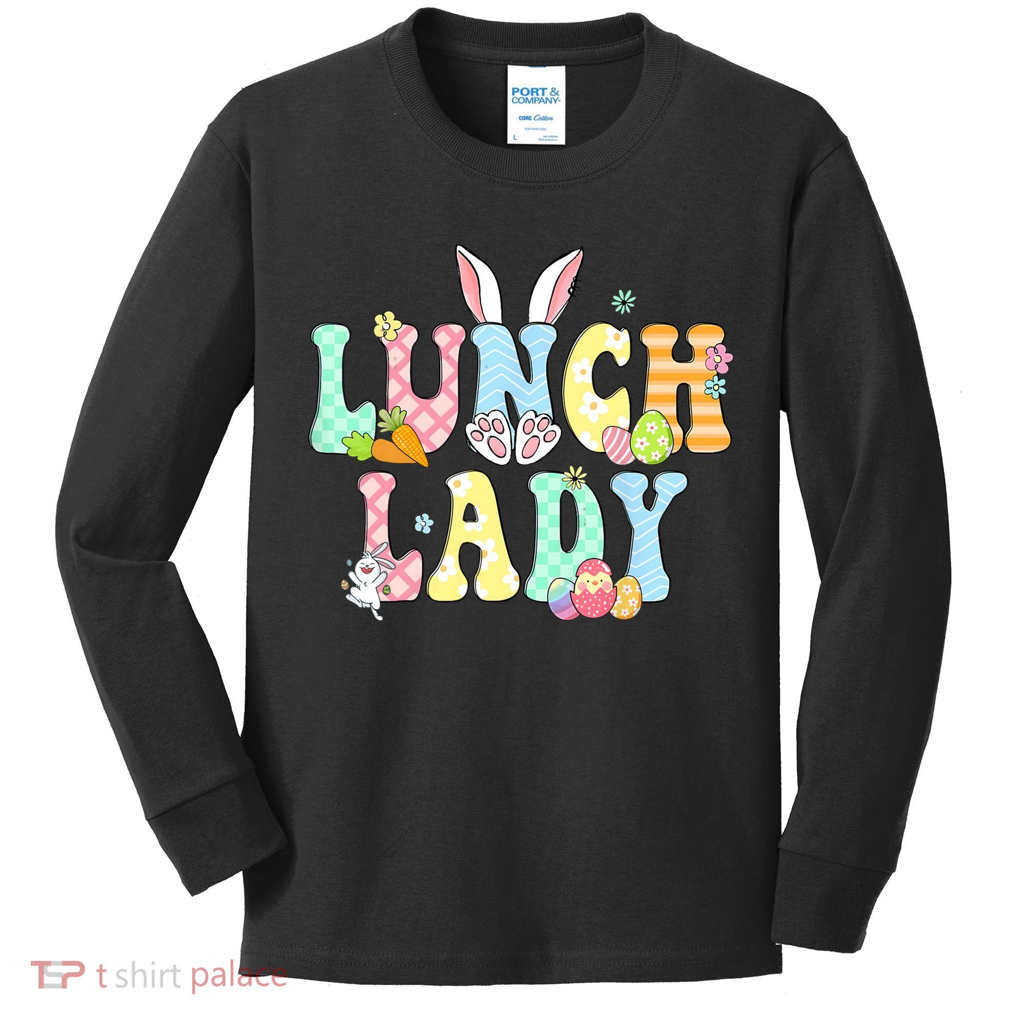 Bunny Lunch Lady Funny Egg Easter Day Floral Kids Long Sleeve Shirt