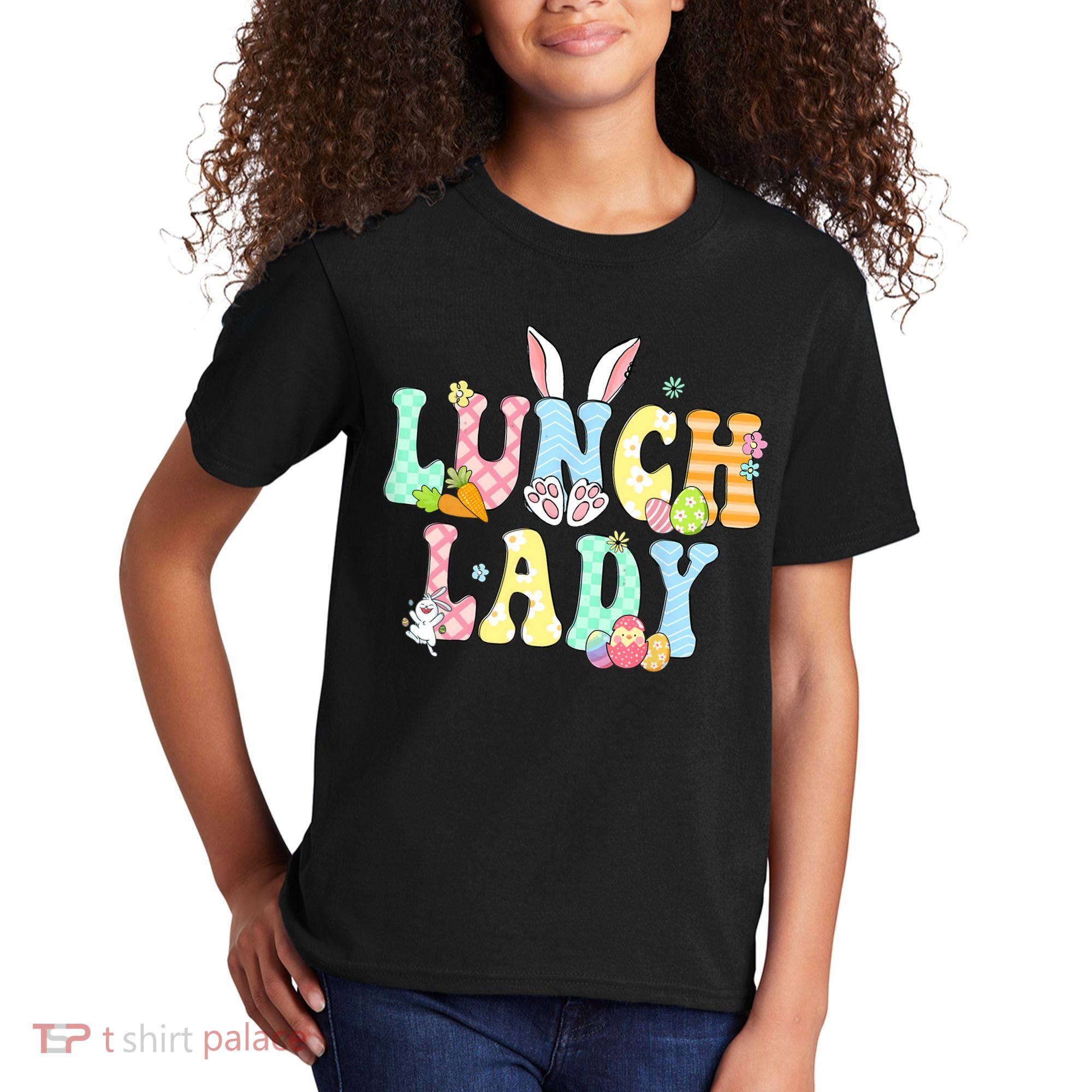 Bunny Lunch Lady Funny Egg Easter Day Floral Kids T-Shirt