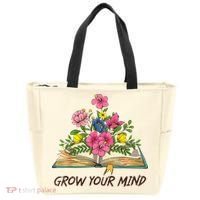 Book Lover Librarian Grow Your Mind Reading Teacher Flower Tote Bag thumb 0