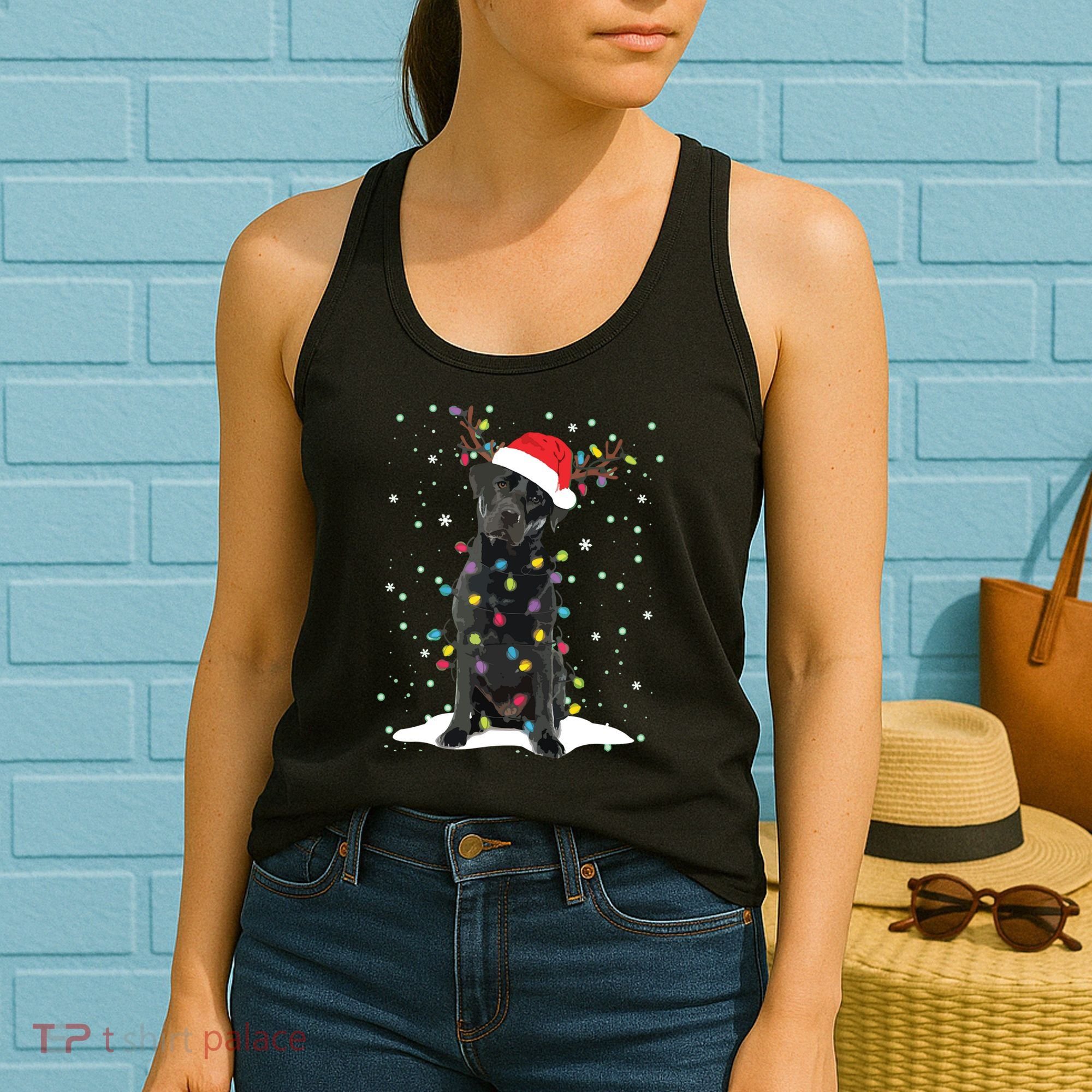 Black Lab Labrador Christmas Tree Light Pajama Dog Xmas Women's Tank Top