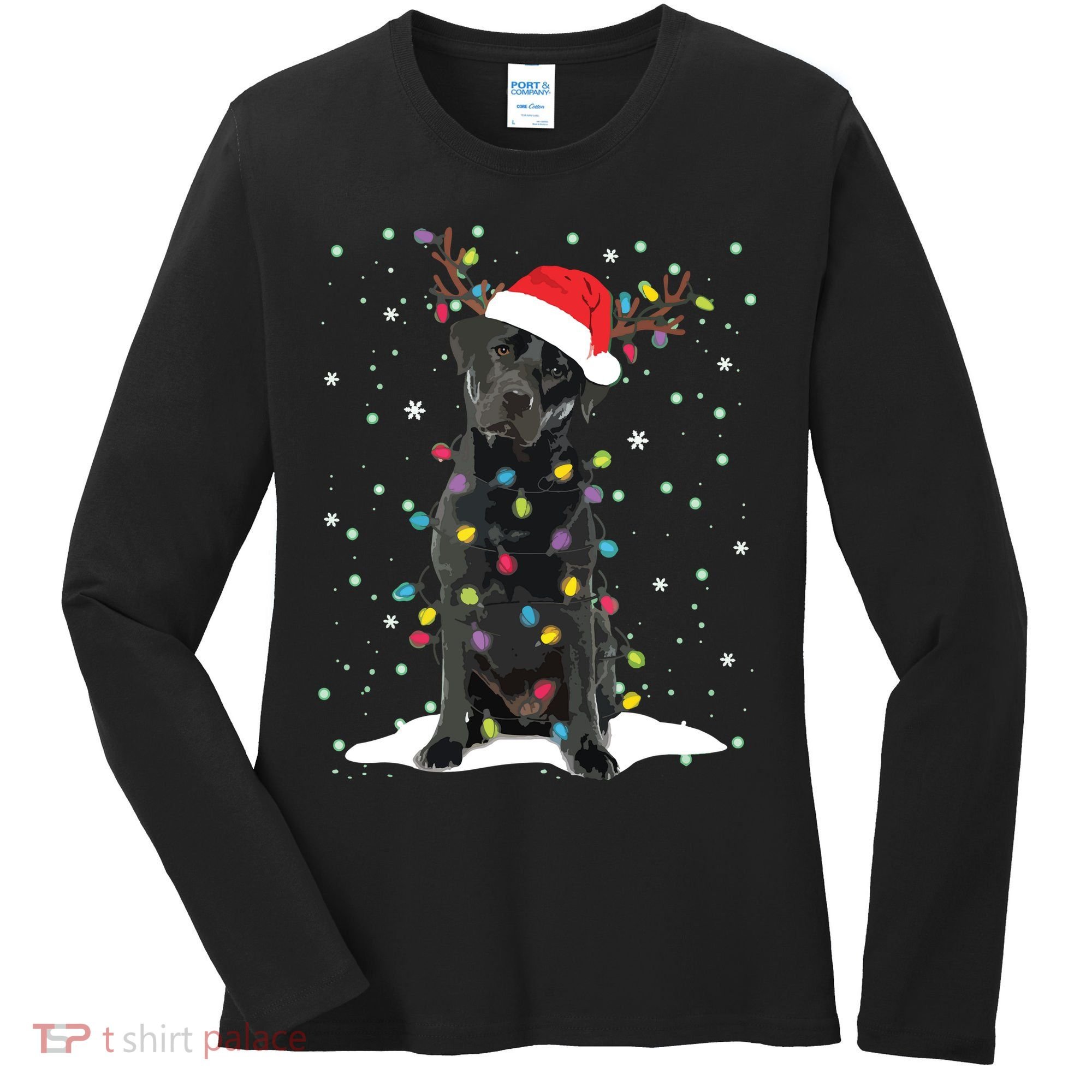 Black Lab Labrador Christmas Tree Light Pajama Dog Xmas Women's Long Sleeve Shirt