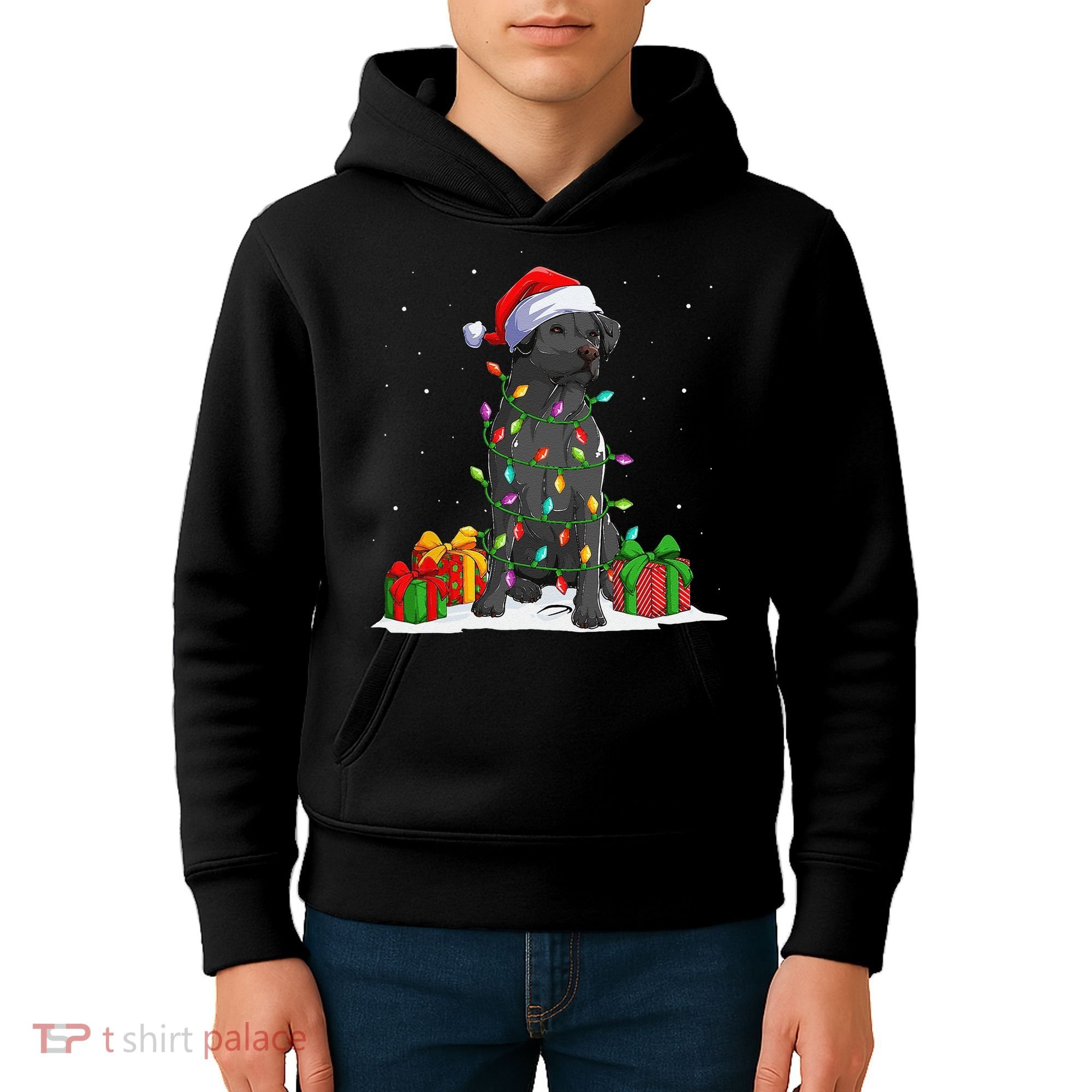 Black Lab Labrador Christmas Lights Pajama Dog Lover Xmas Kids Hoodie