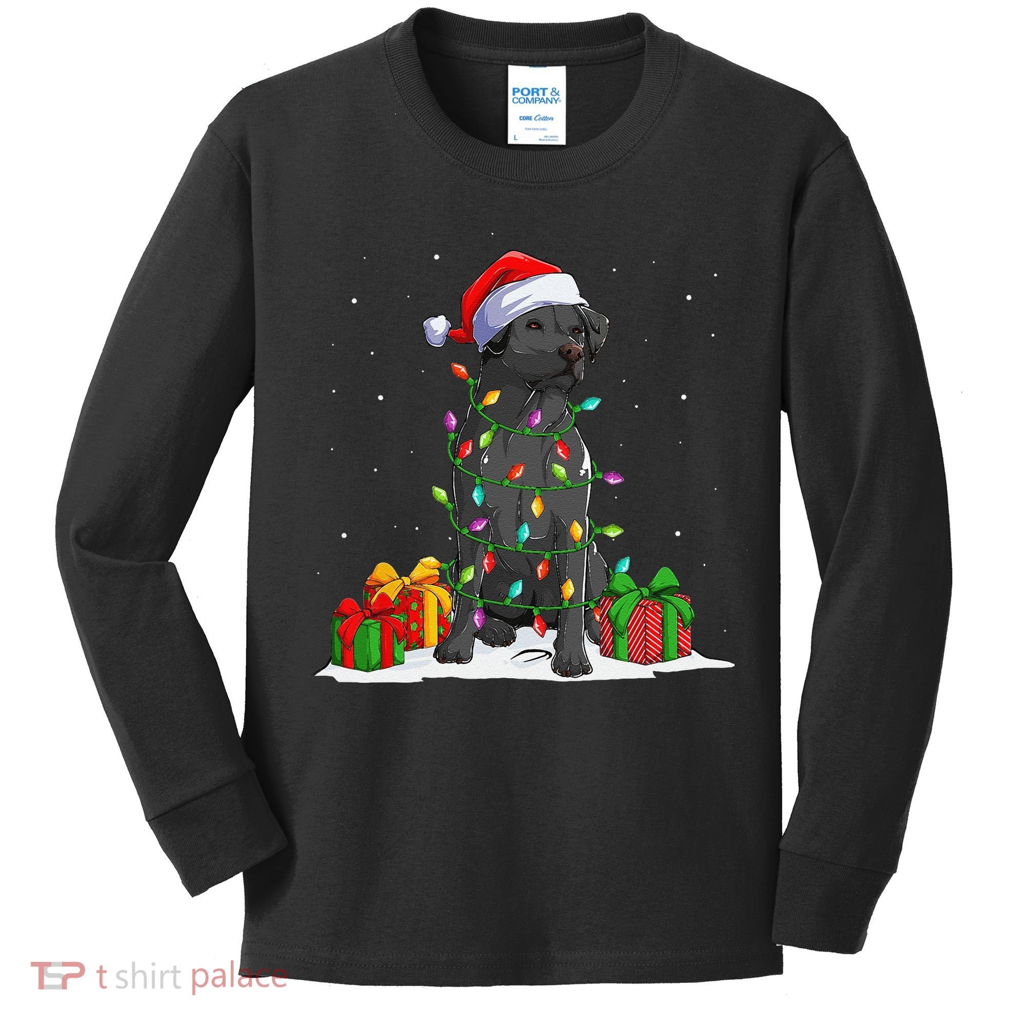 Black Lab Labrador Christmas Lights Pajama Dog Lover Xmas Kids Long Sleeve Shirt