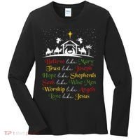 Believe Like Mary Trust Like Joseph Christian Nativity Scene Women's Long Sleeve Shirt thumb 0