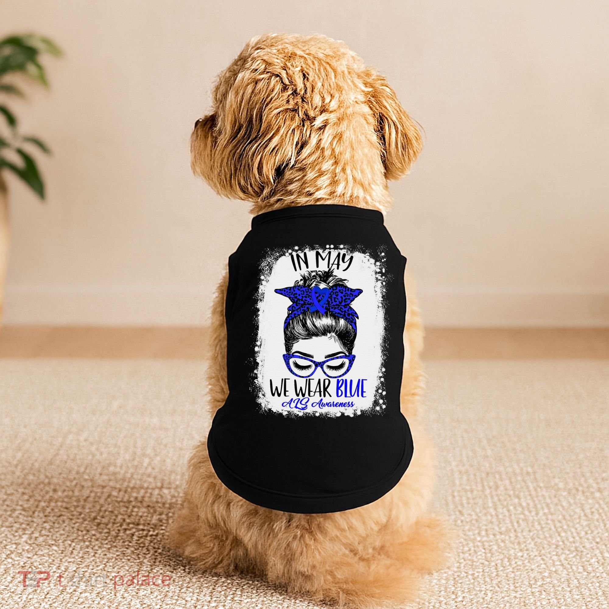 Bleached Leopard Messy Bun In May We Wear Blue ALS Awareness Doggie Tank