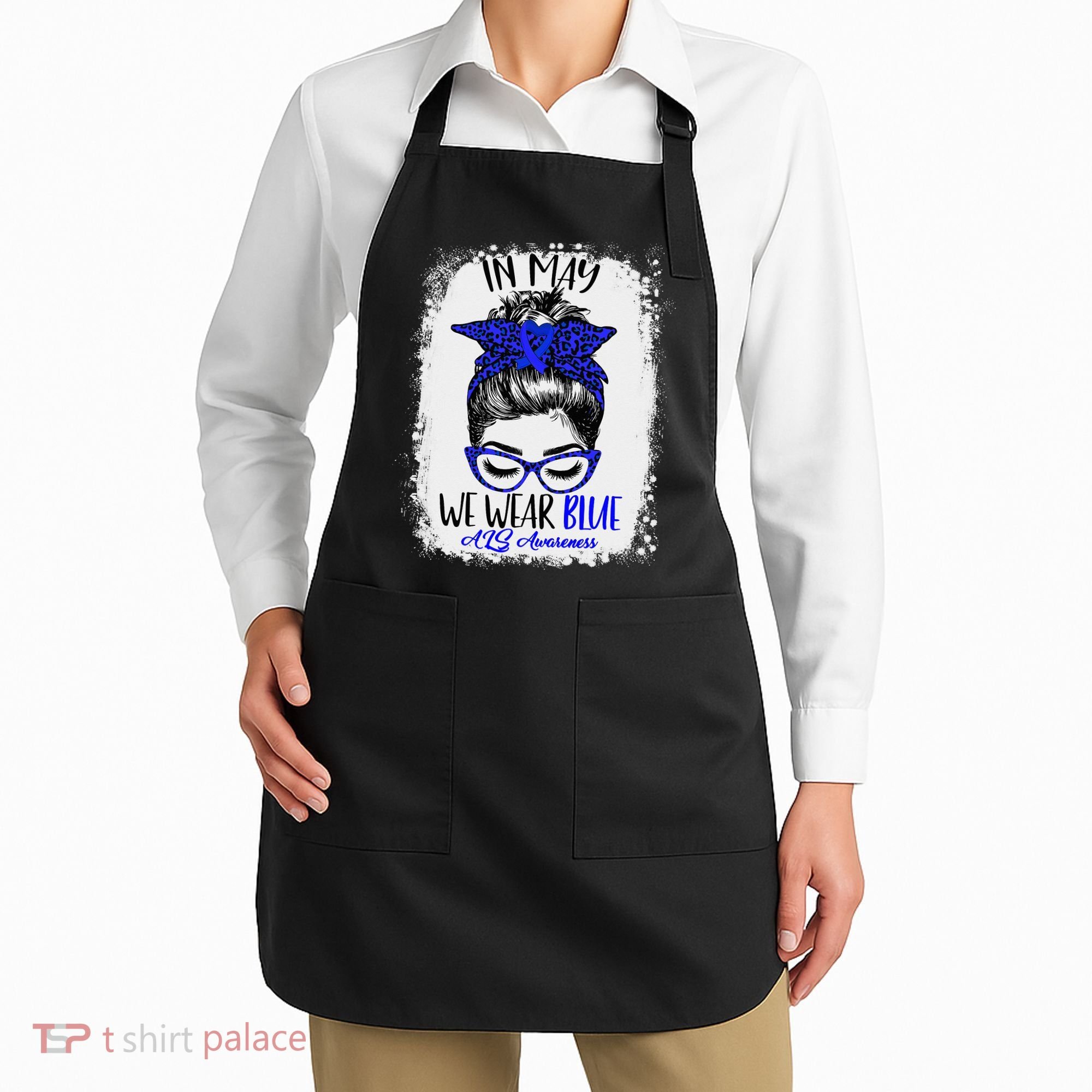 Bleached Leopard Messy Bun In May We Wear Blue ALS Awareness Apron