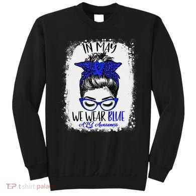 Bleached Leopard Messy Bun In May We Wear Blue ALS Awareness Sweatshirt