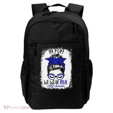 Bleached Leopard Messy Bun In May We Wear Blue ALS Awareness Backpack