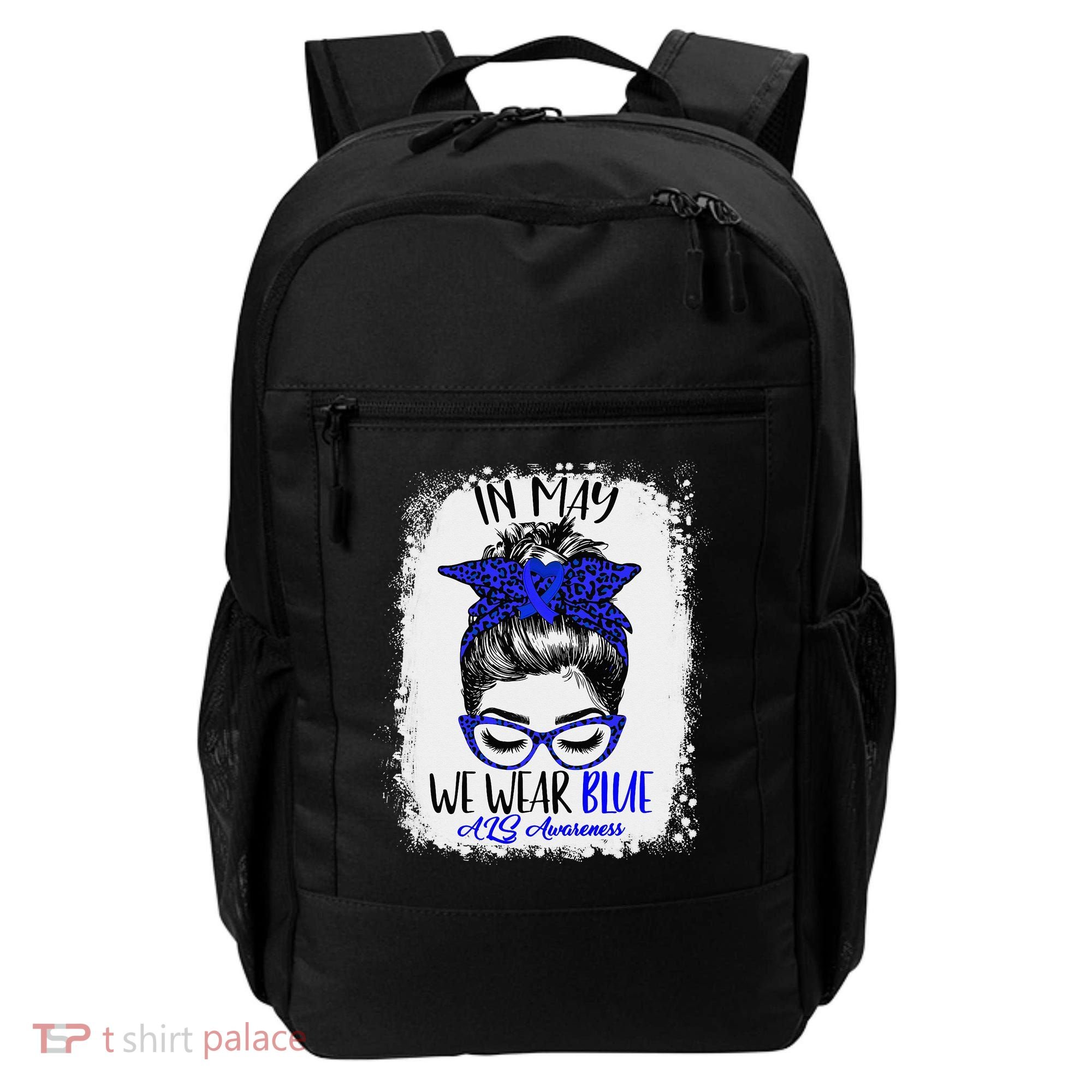 Bleached Leopard Messy Bun In May We Wear Blue ALS Awareness Backpack