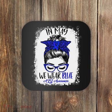 Bleached Leopard Messy Bun In May We Wear Blue ALS Awareness Coaster