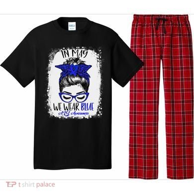 Bleached Leopard Messy Bun In May We Wear Blue ALS Awareness Pajama Set