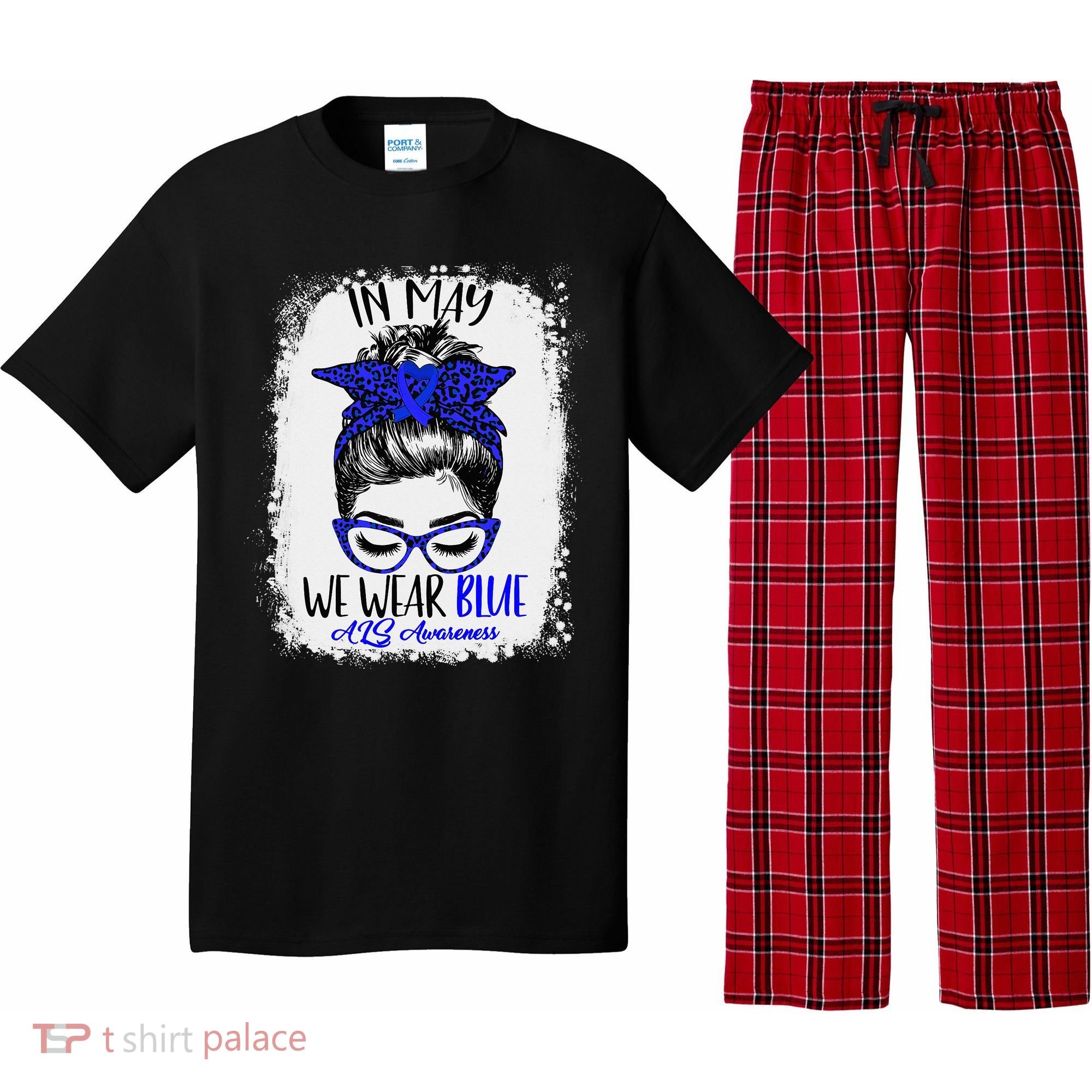 Bleached Leopard Messy Bun In May We Wear Blue ALS Awareness Pajama Set
