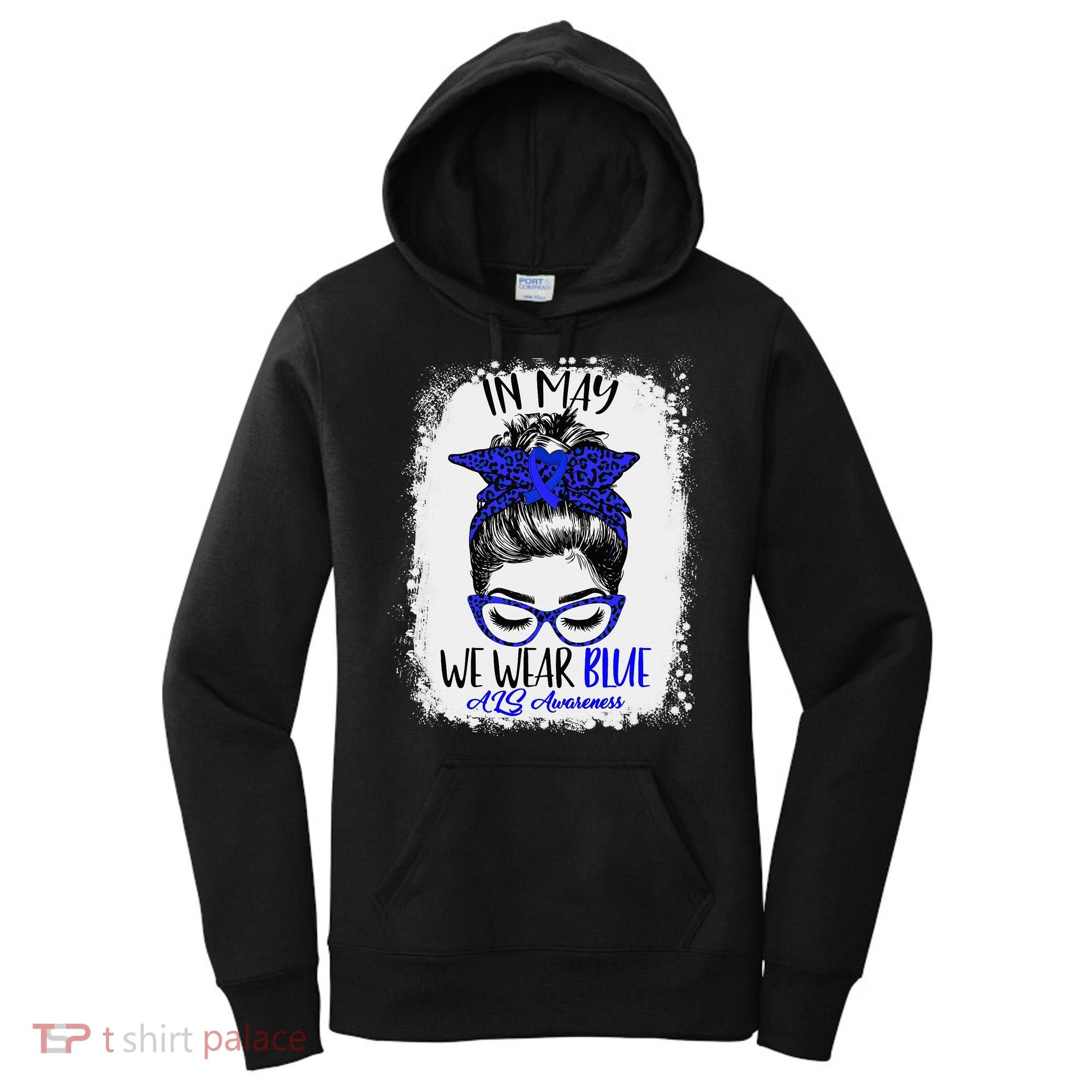 Bleached Leopard Messy Bun In May We Wear Blue ALS Awareness Women's Hoodie