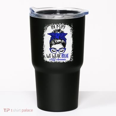Bleached Leopard Messy Bun In May We Wear Blue ALS Awareness Tumbler