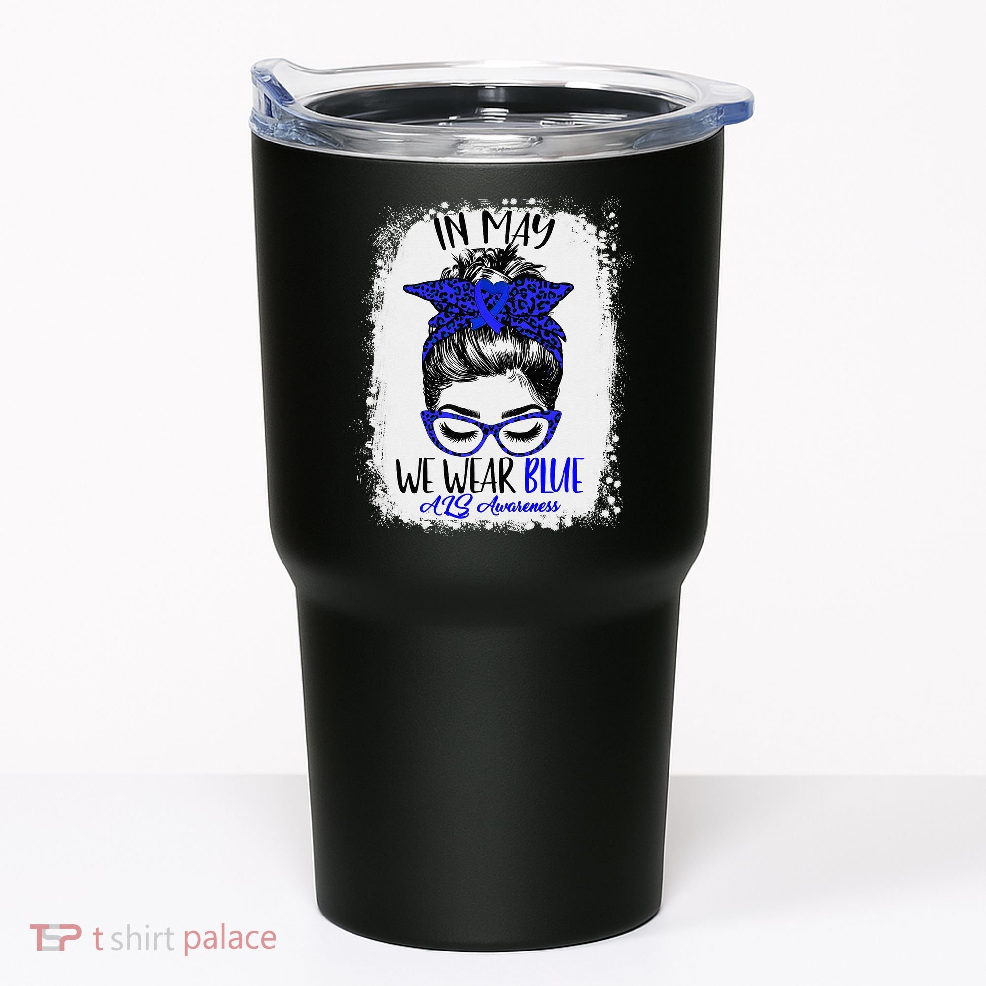 Bleached Leopard Messy Bun In May We Wear Blue ALS Awareness Tumbler