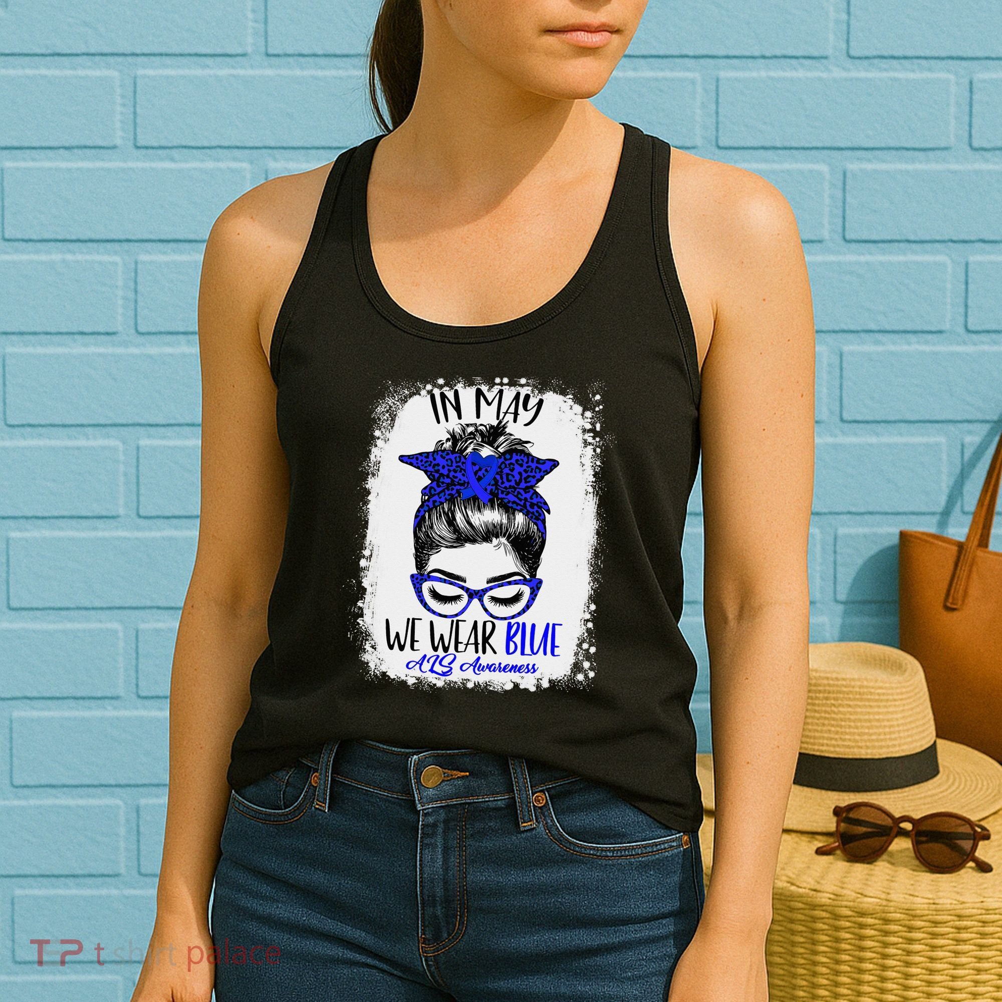 Bleached Leopard Messy Bun In May We Wear Blue ALS Awareness Women's Tank Top